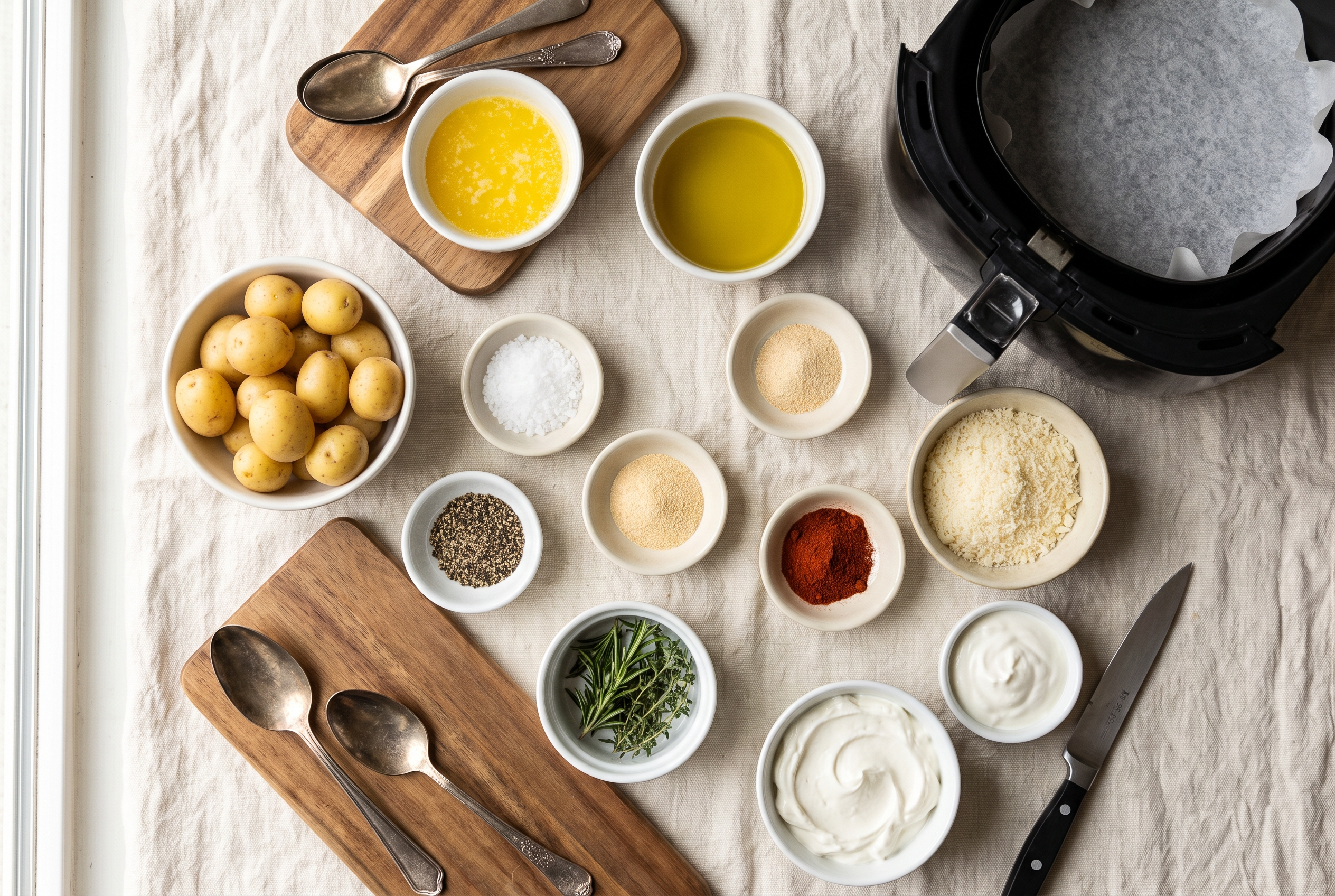 Ingredients for crispy smashed potatoes: baby yellow potatoes, olive oil, garlic cloves, fresh rosemary, grated parmesan, flaky salt, black pepper and a bowl of Greek yogurt with lemon and herbs for the dip