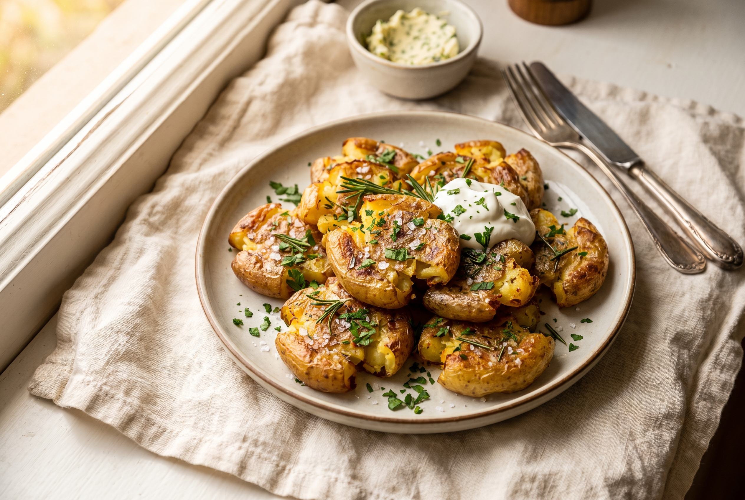 A platter of crispy garlic parmesan smashed potatoes with flaky salt and rosemary, a bowl of garlic herb yogurt dip in the center