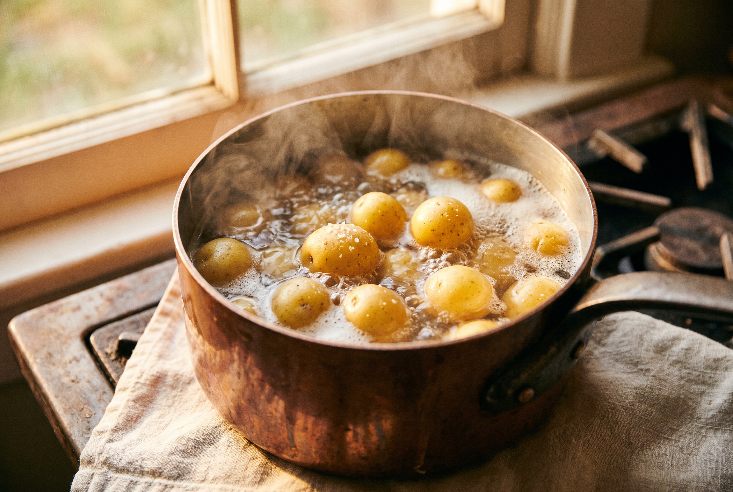 Baby yellow potatoes boiling in a pot of salted water