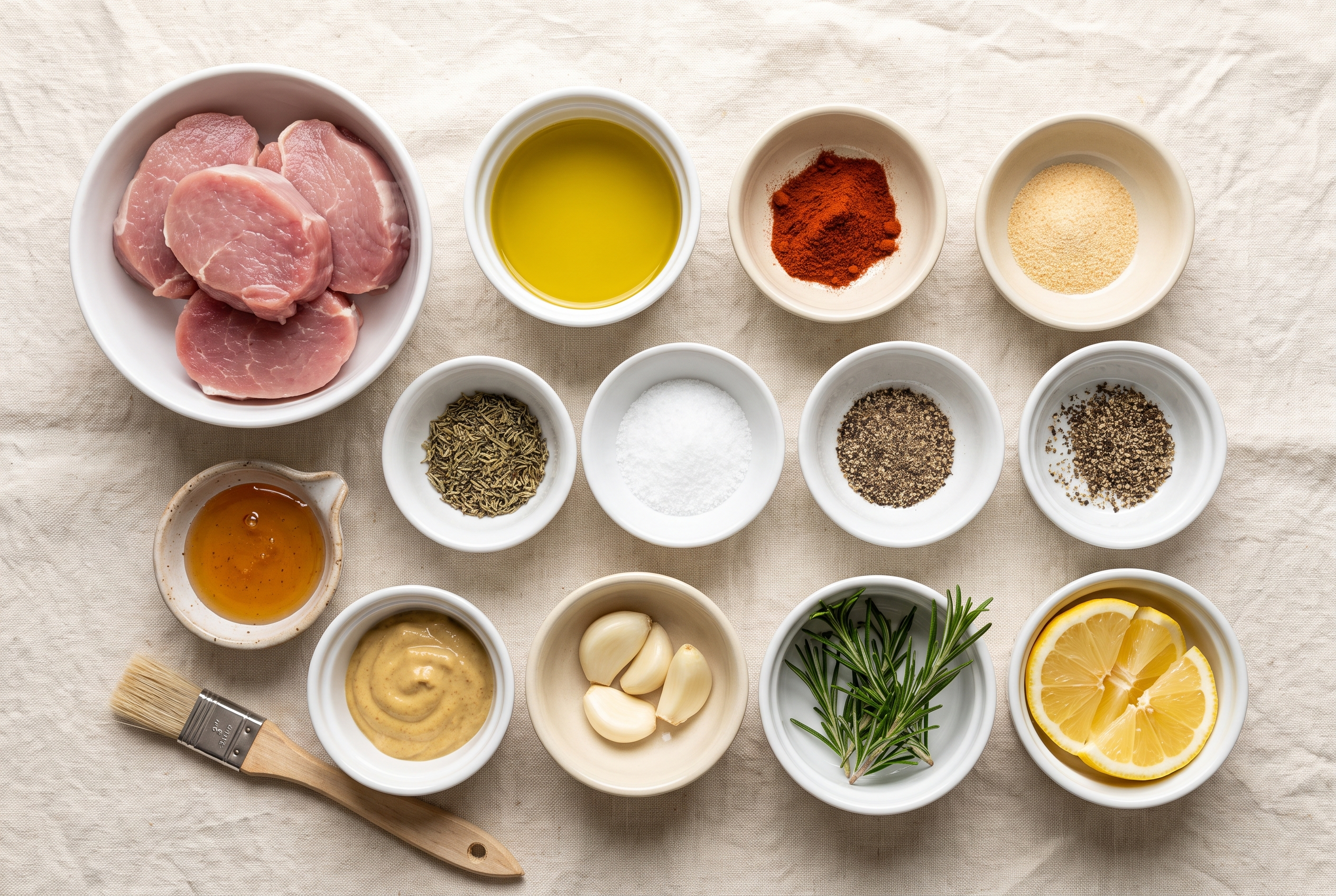 Ingredients for air fryer pork recipes: two raw pork tenderloins, olive oil, light brown sugar, smoked paprika, garlic powder, onion powder, dried thyme, kosher salt and black pepper in small bowls