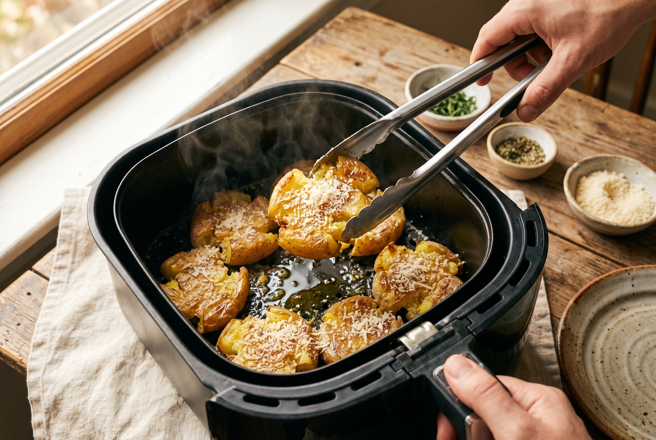 Crispy golden air fryer smashed potatoes with melted parmesan being lifted out of the air fryer basket