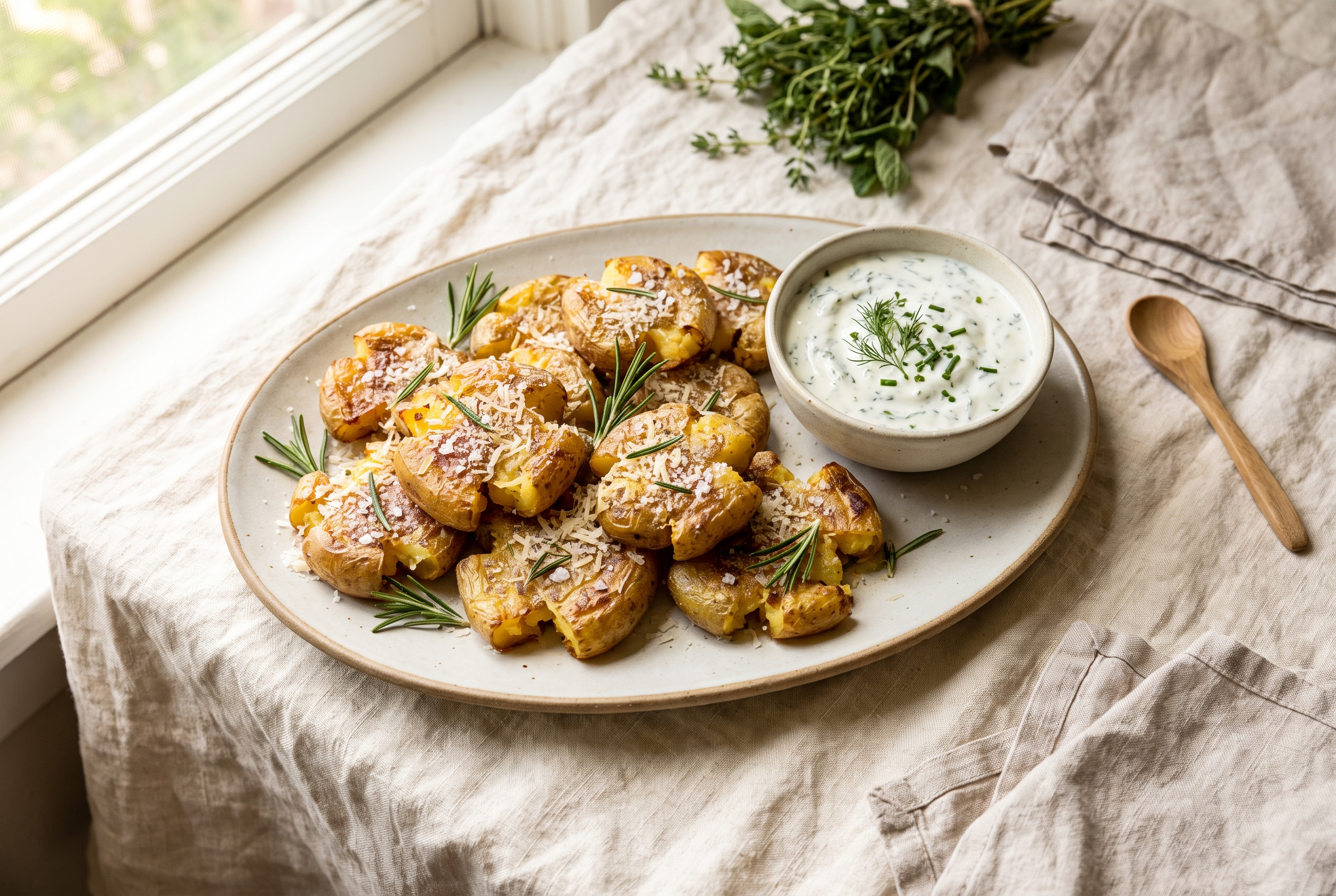 Air fryer smashed potatoes: crispy golden smashed baby potatoes with flaky salt, grated parmesan and rosemary on a platter with a garlic herb yogurt dip