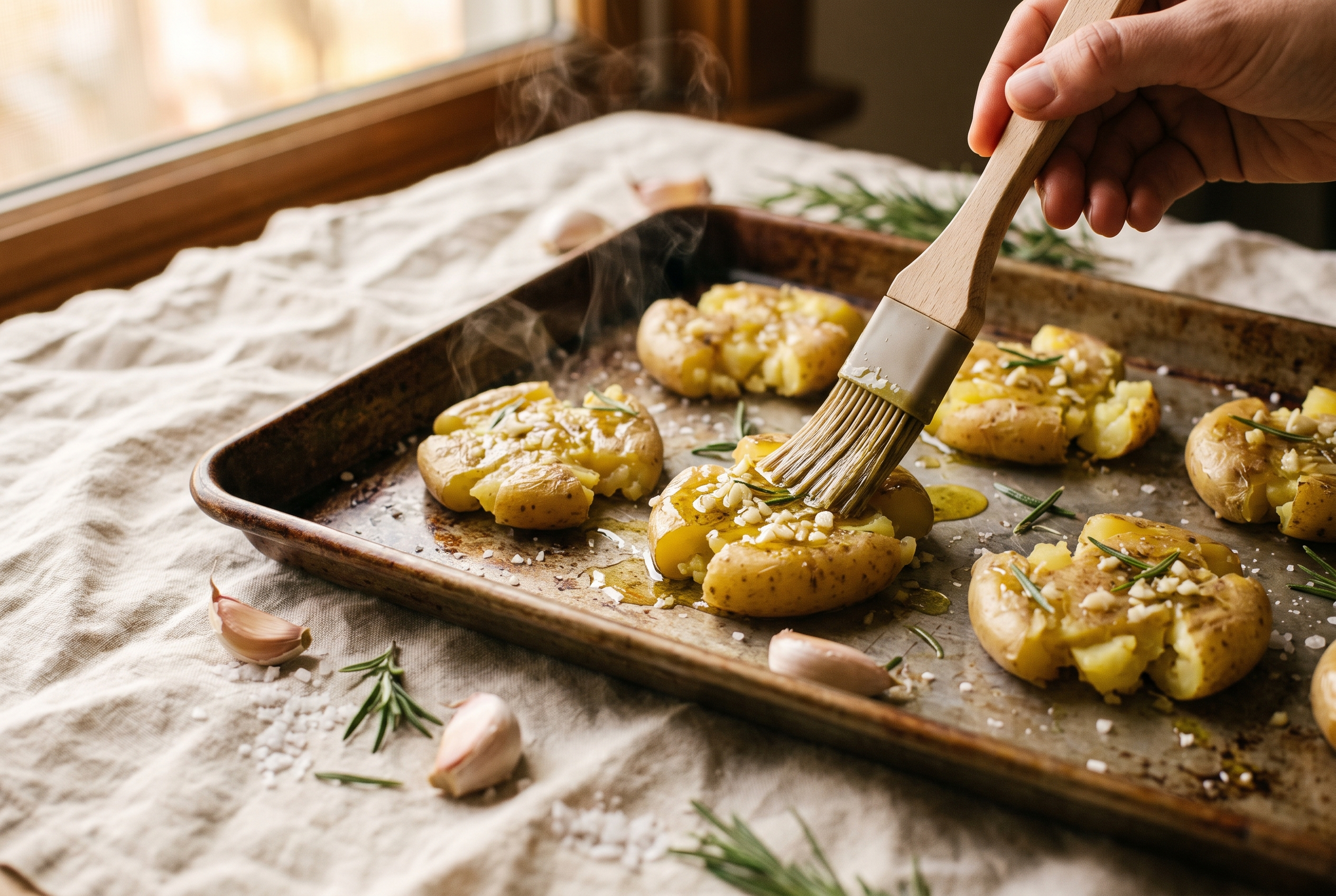 Smashed potatoes being brushed with olive oil, minced garlic and chopped rosemary