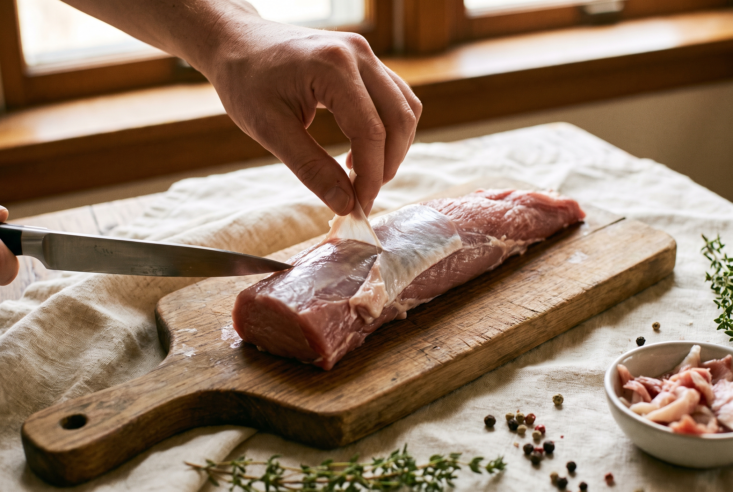 A sharp knife trimming the silver skin off a pork tenderloin on a cutting board