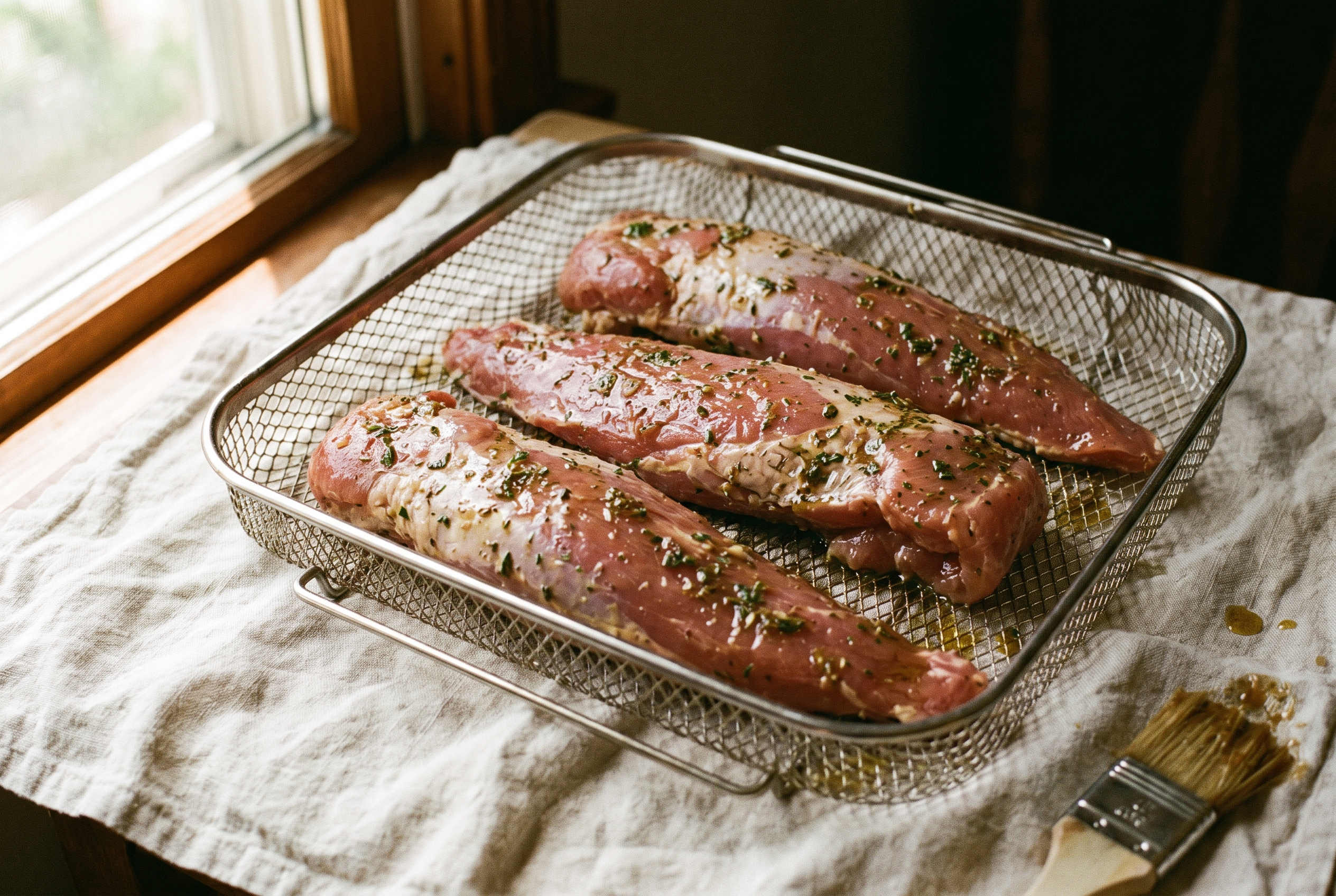 Two seasoned pork tenderloins placed side by side in an air fryer basket