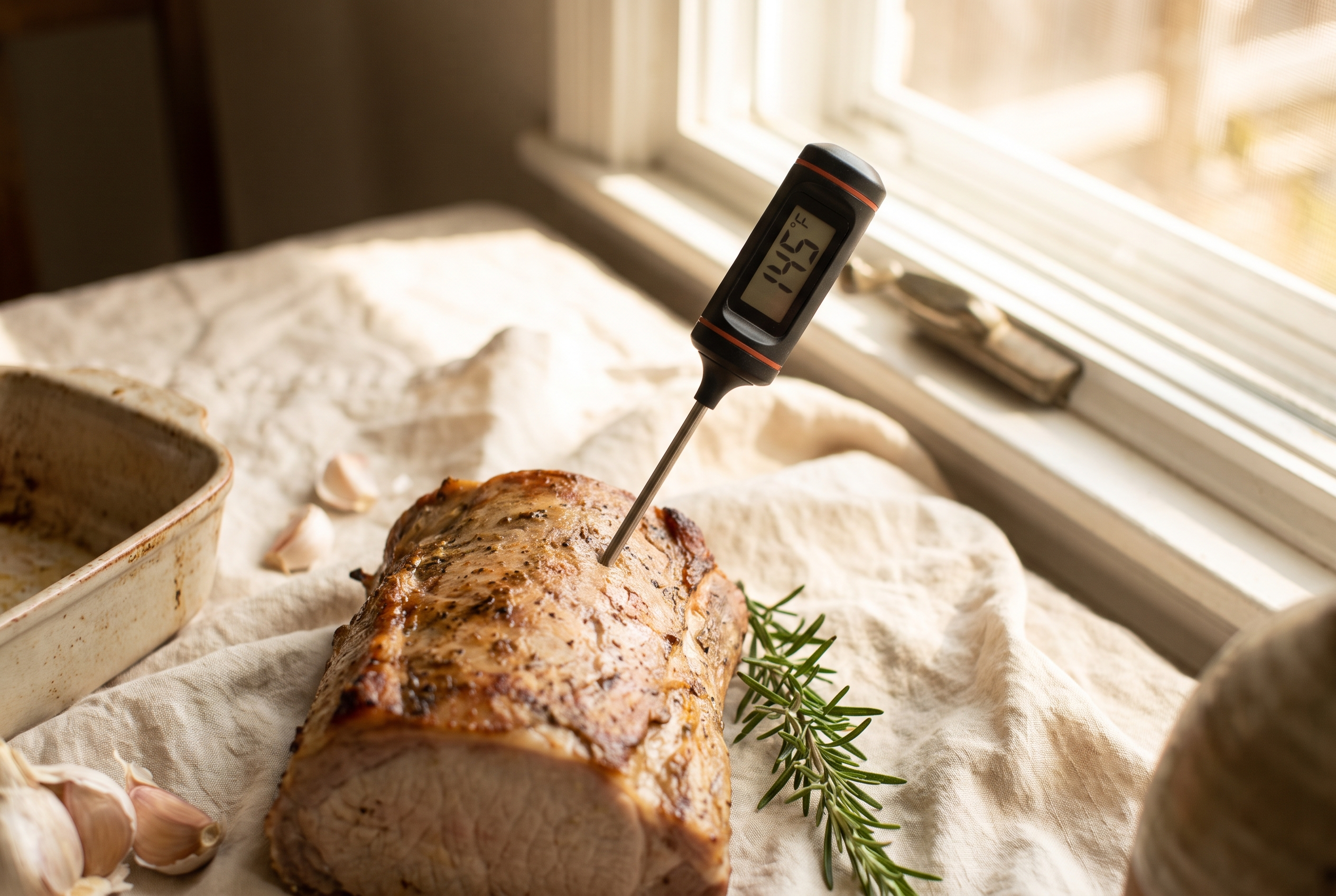An instant-read meat thermometer inserted into air fried pork tenderloin reading 145 degrees F