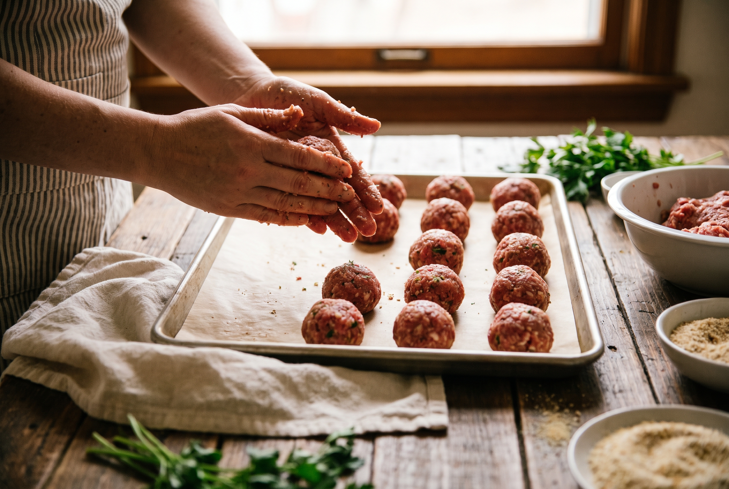 Raw turkey meatballs rolled and lined up in rows on a sheet of parchment paper