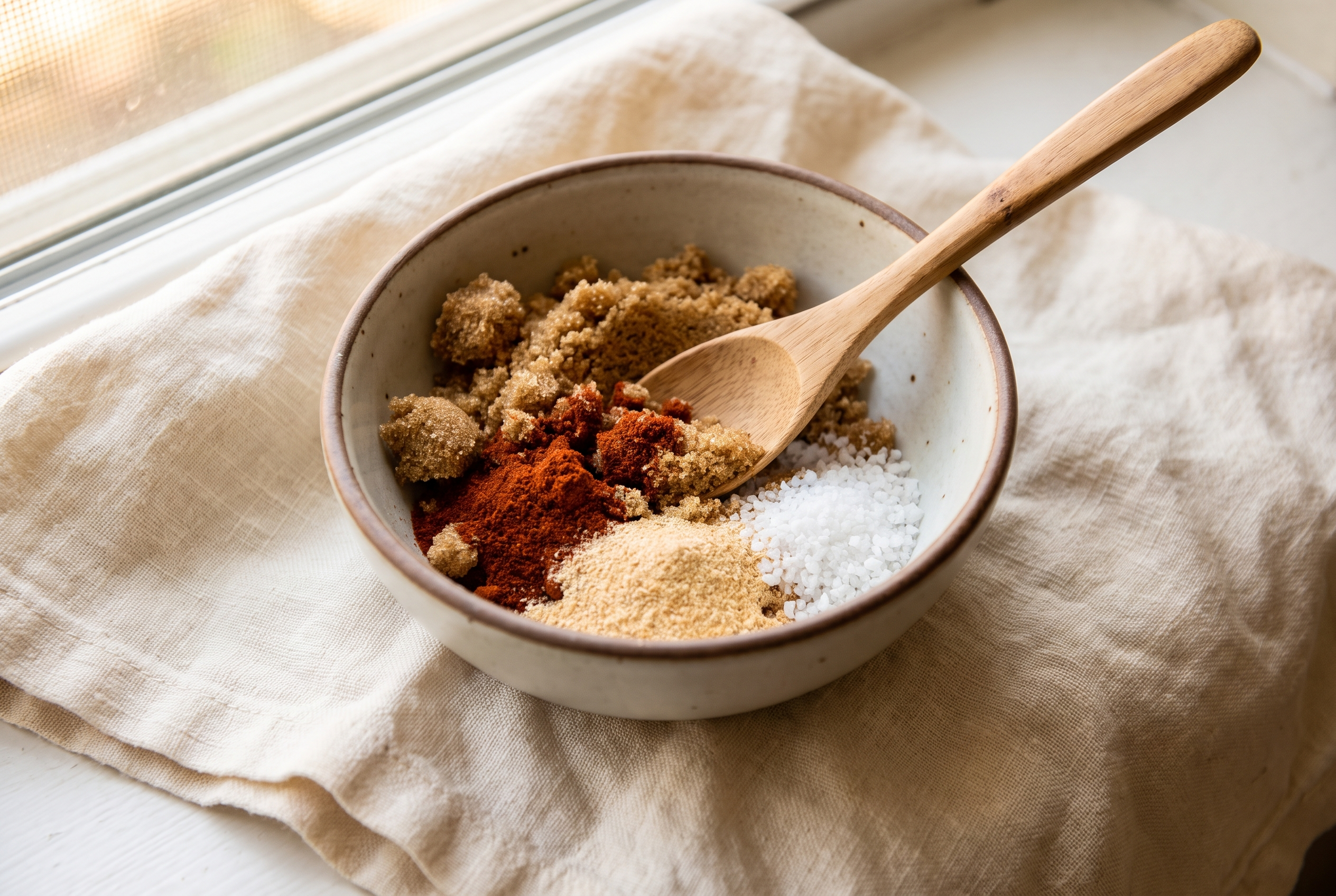 Brown sugar, smoked paprika, garlic powder and salt being mixed together in a small bowl