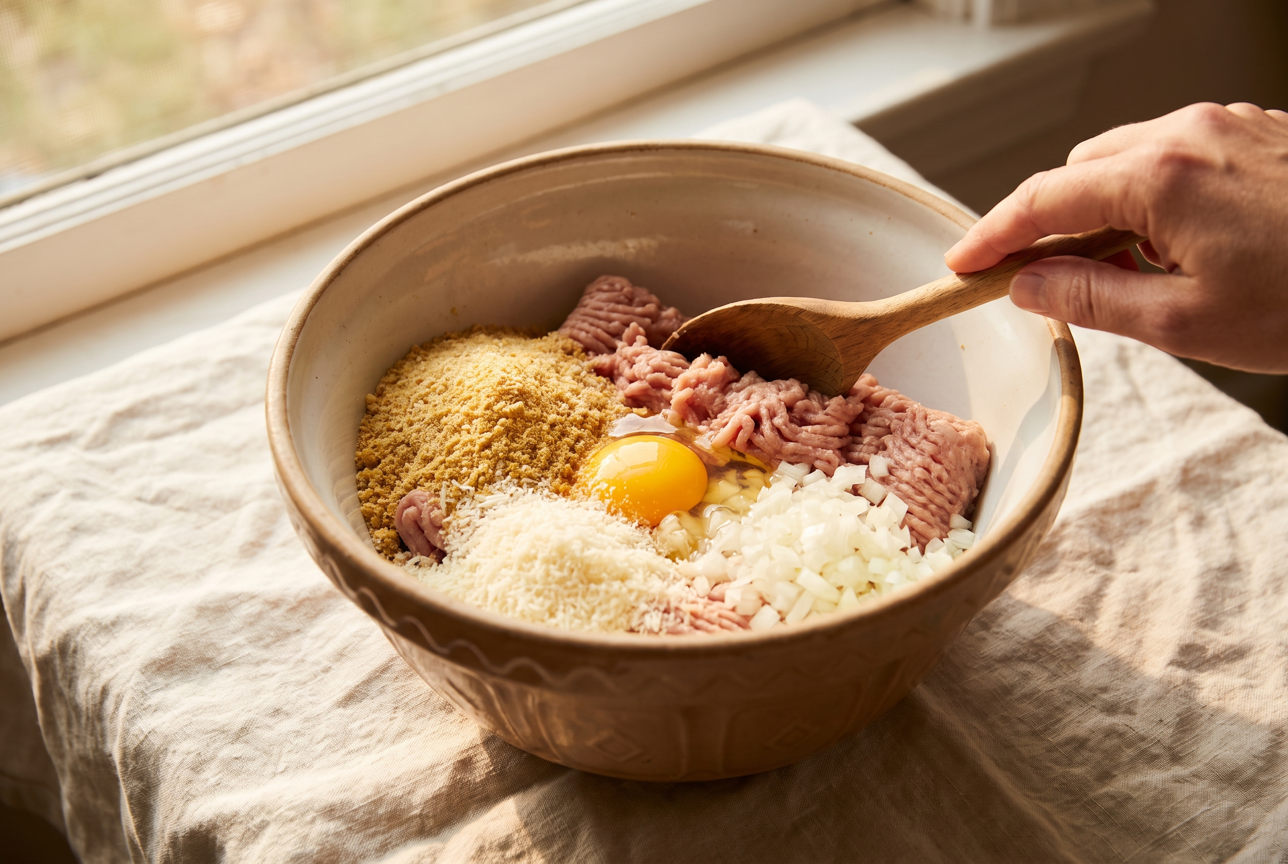 Ground turkey, soaked breadcrumbs, an egg, grated parmesan and grated onion in a glass mixing bowl