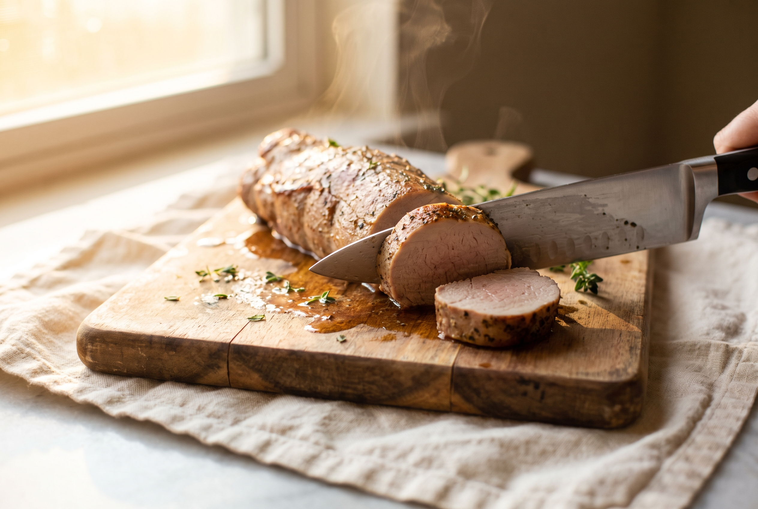 Air fryer pork tenderloin resting on a wooden board being sliced into juicy medallions with a pink center