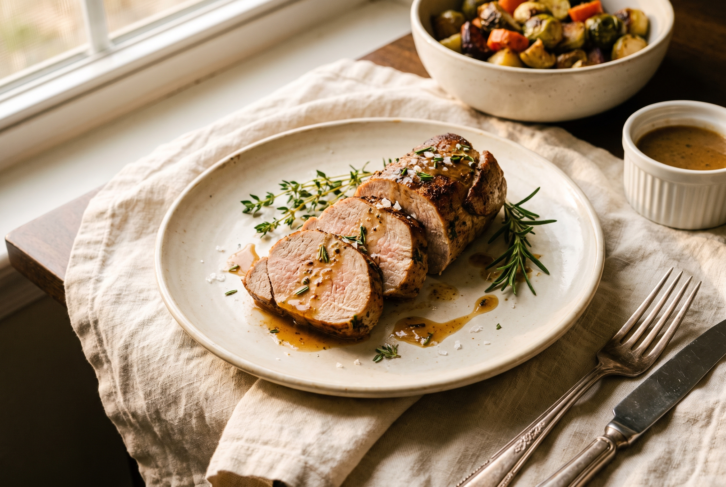 Sliced air fryer pork tenderloin medallions with a caramelized spice crust fanned on a plate with roasted green beans and crispy smashed potatoes