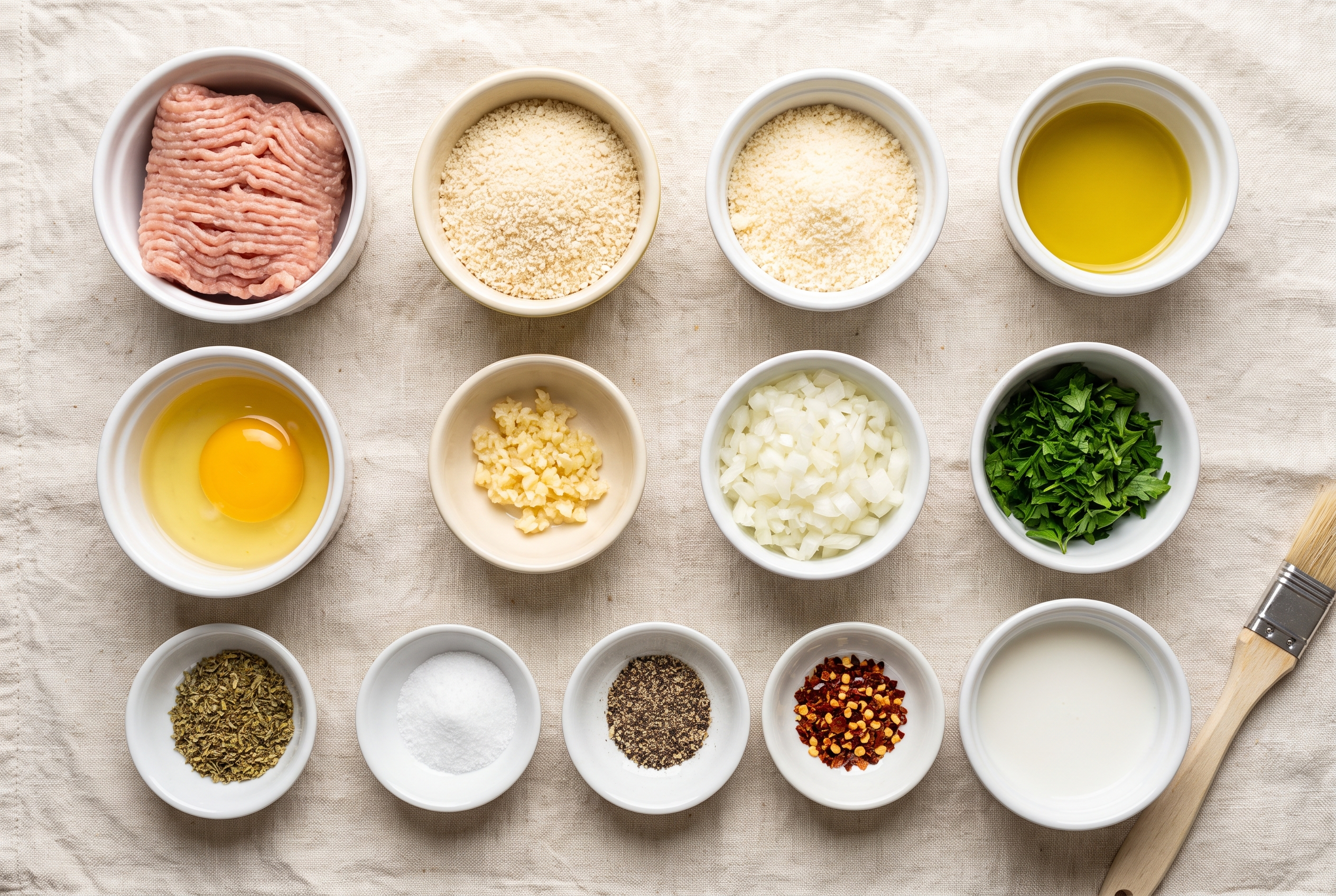 Ingredients for healthy turkey meatballs: ground turkey, breadcrumbs, milk, an egg, grated parmesan, a small onion, garlic, Italian seasoning, parsley and a jar of marinara sauce
