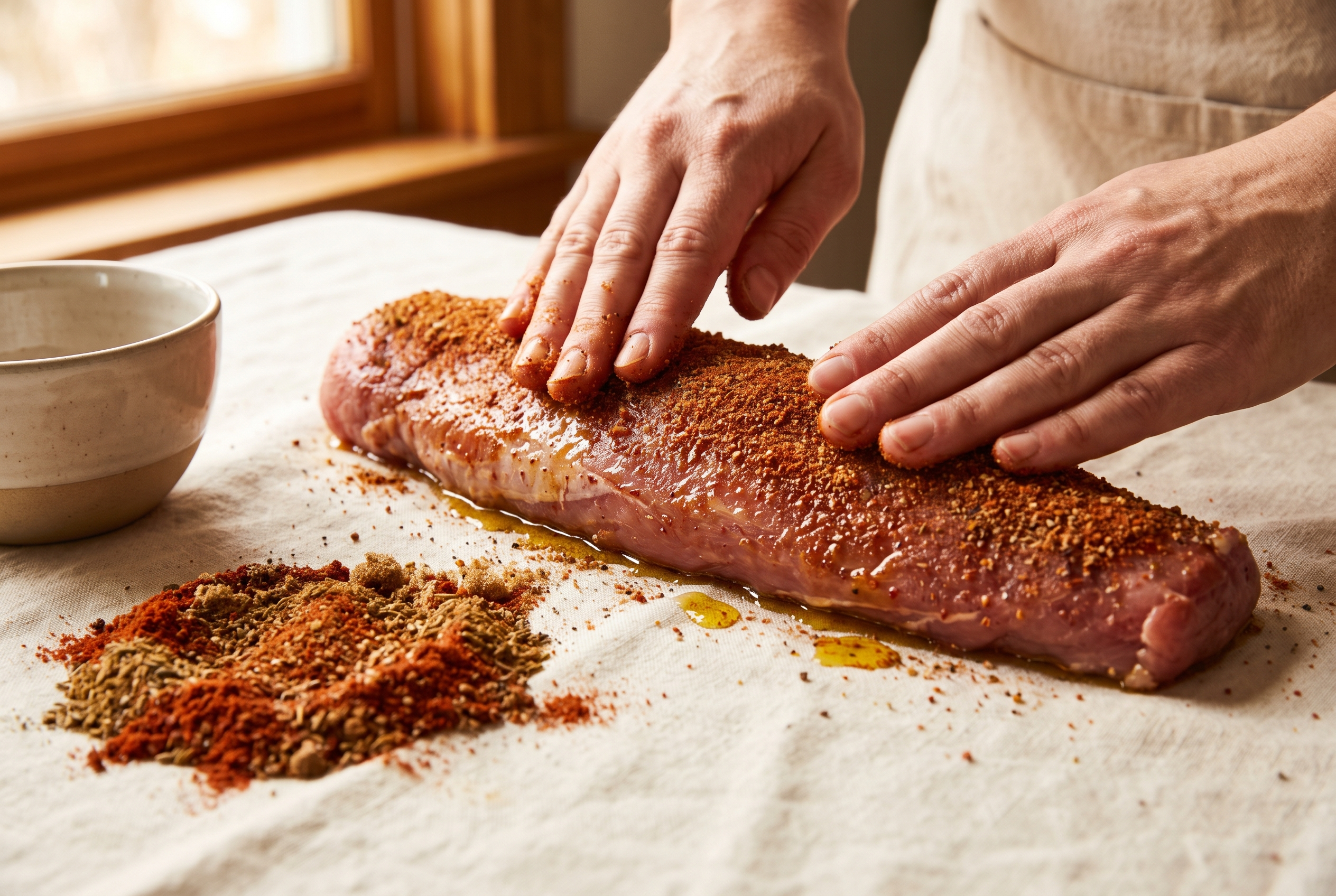 Spice rub being pressed all over an oiled pork tenderloin with hands