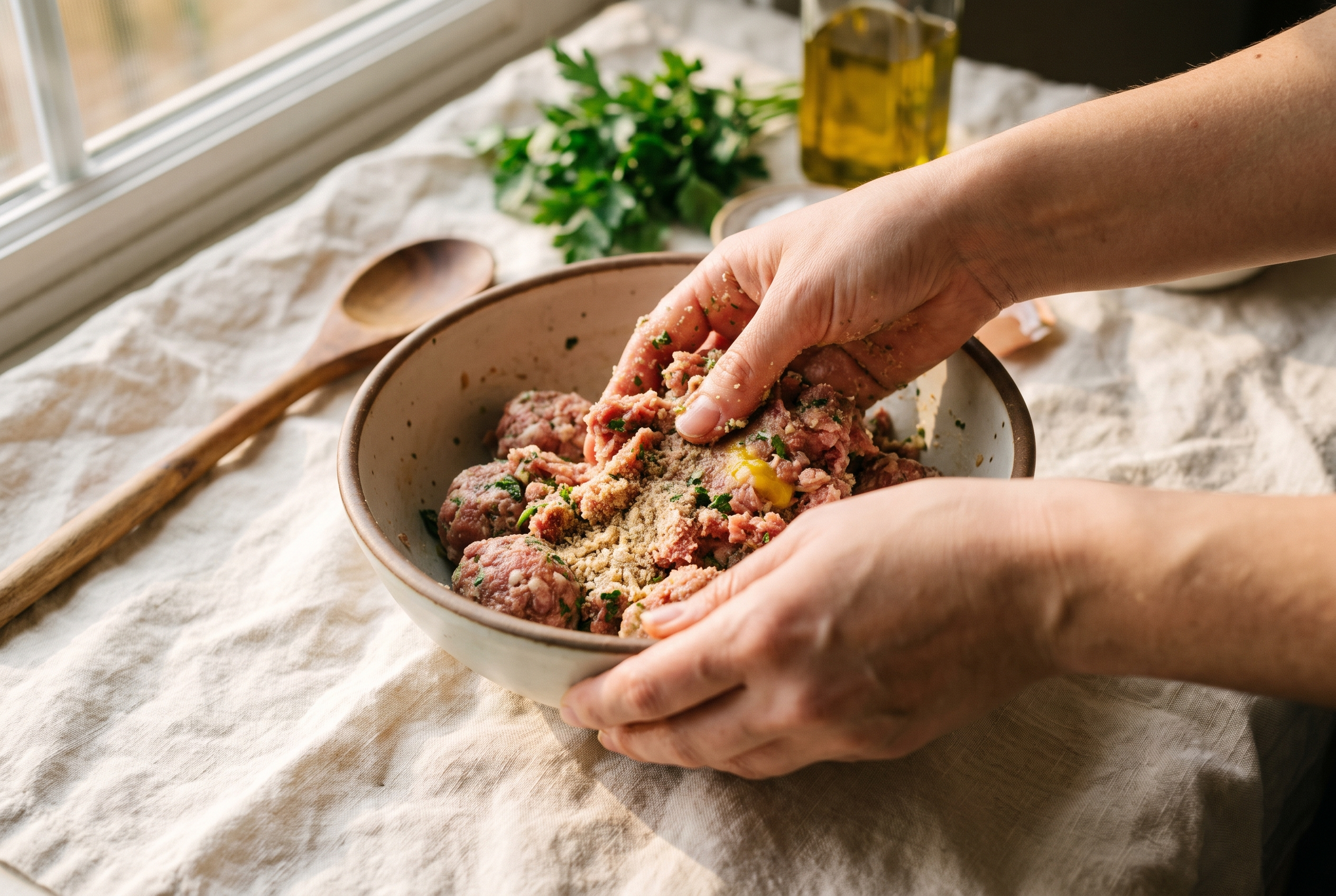 Hands gently mixing the turkey meatball mixture in a bowl