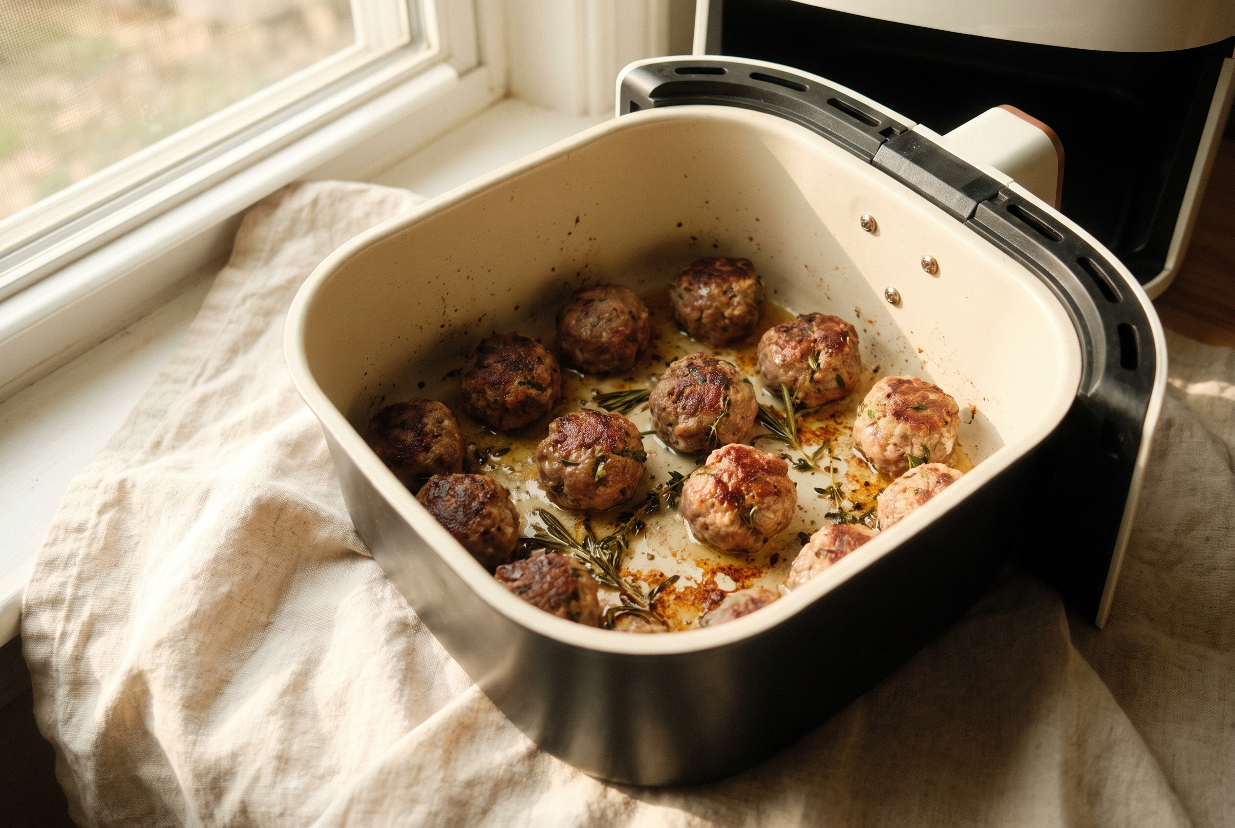 Raw turkey meatballs arranged in a single layer in an air fryer basket