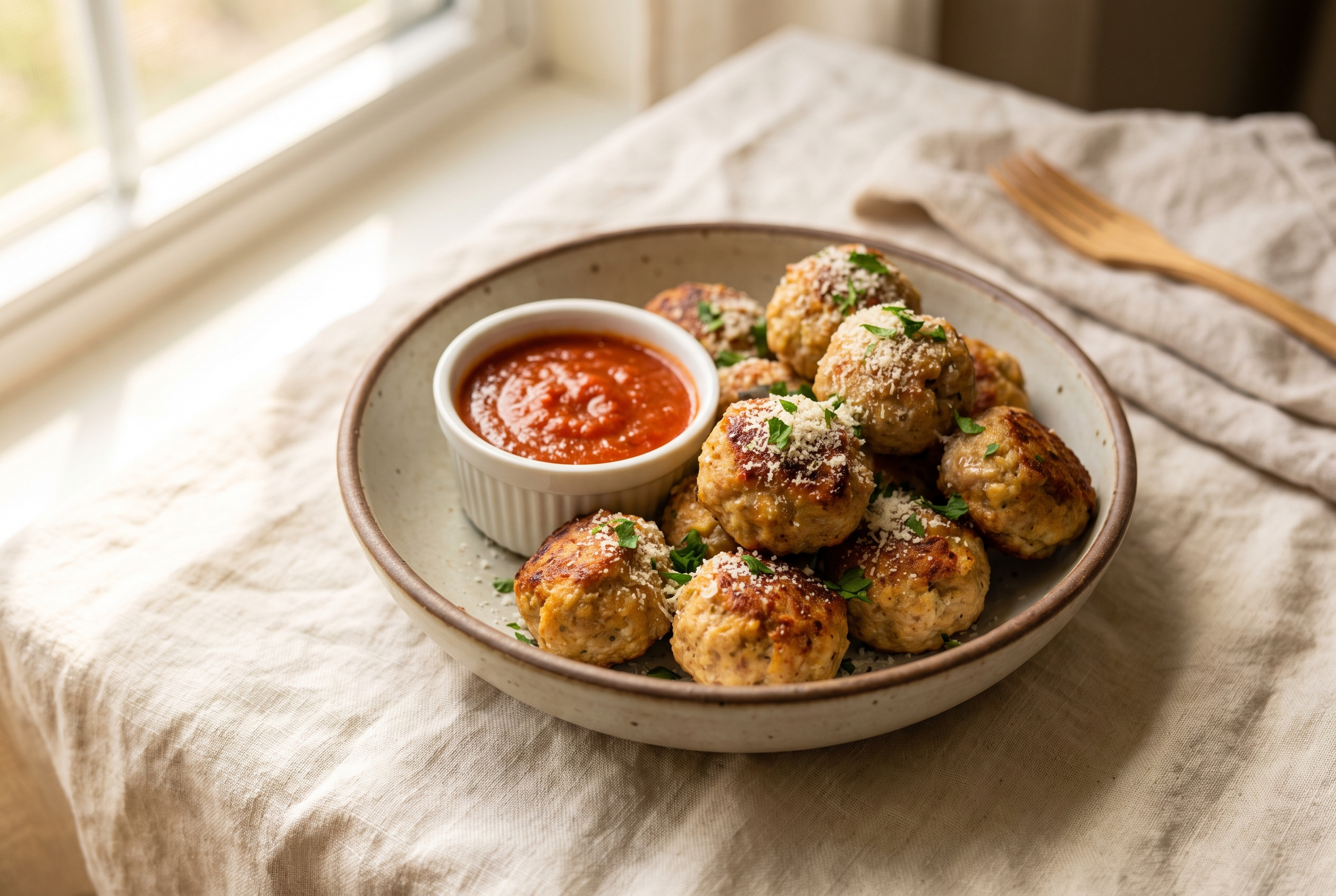 Air fryer turkey meatballs browned golden in a bowl with a side of marinara for dipping, garnished with grated parmesan and chopped parsley