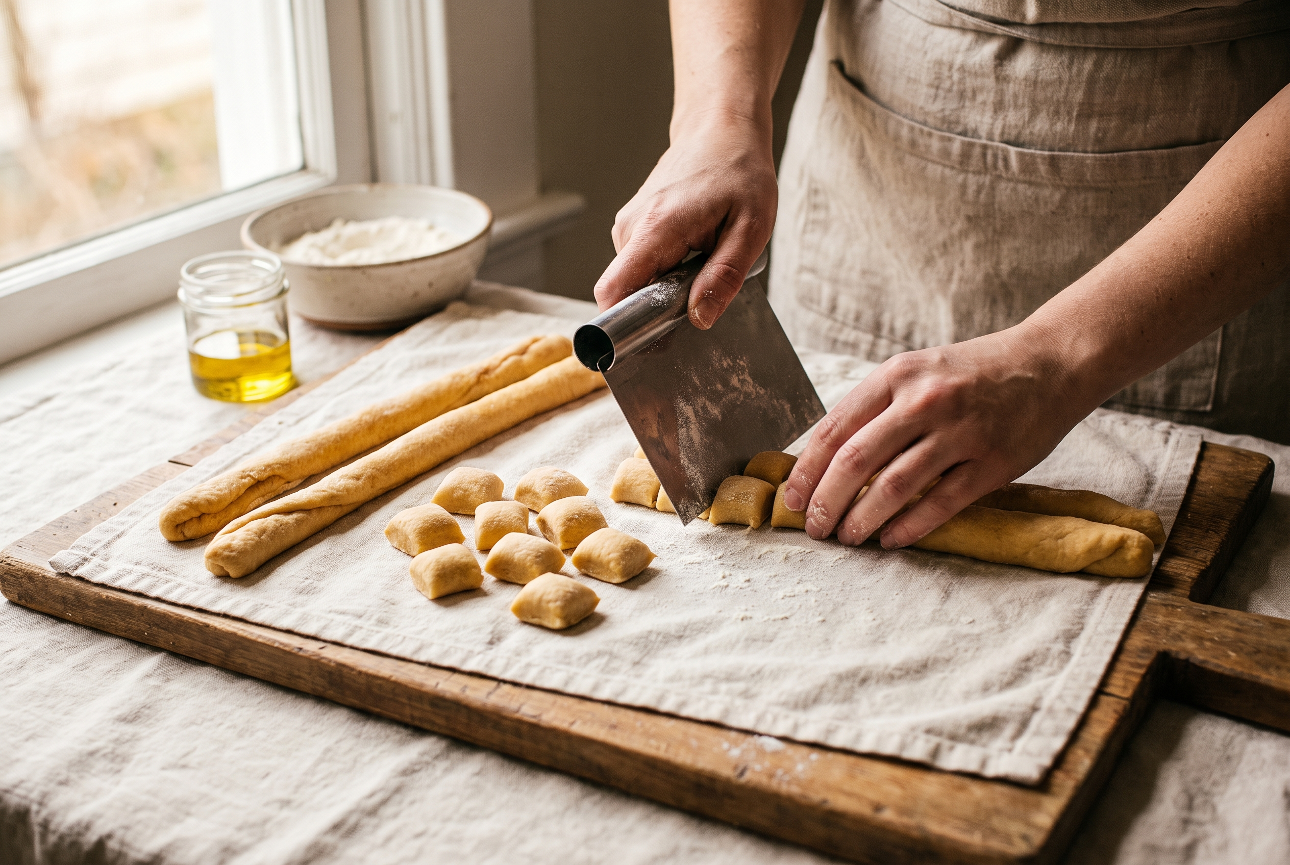 Ropes of dough being cut into small gnocchi pillows with a bench scraper