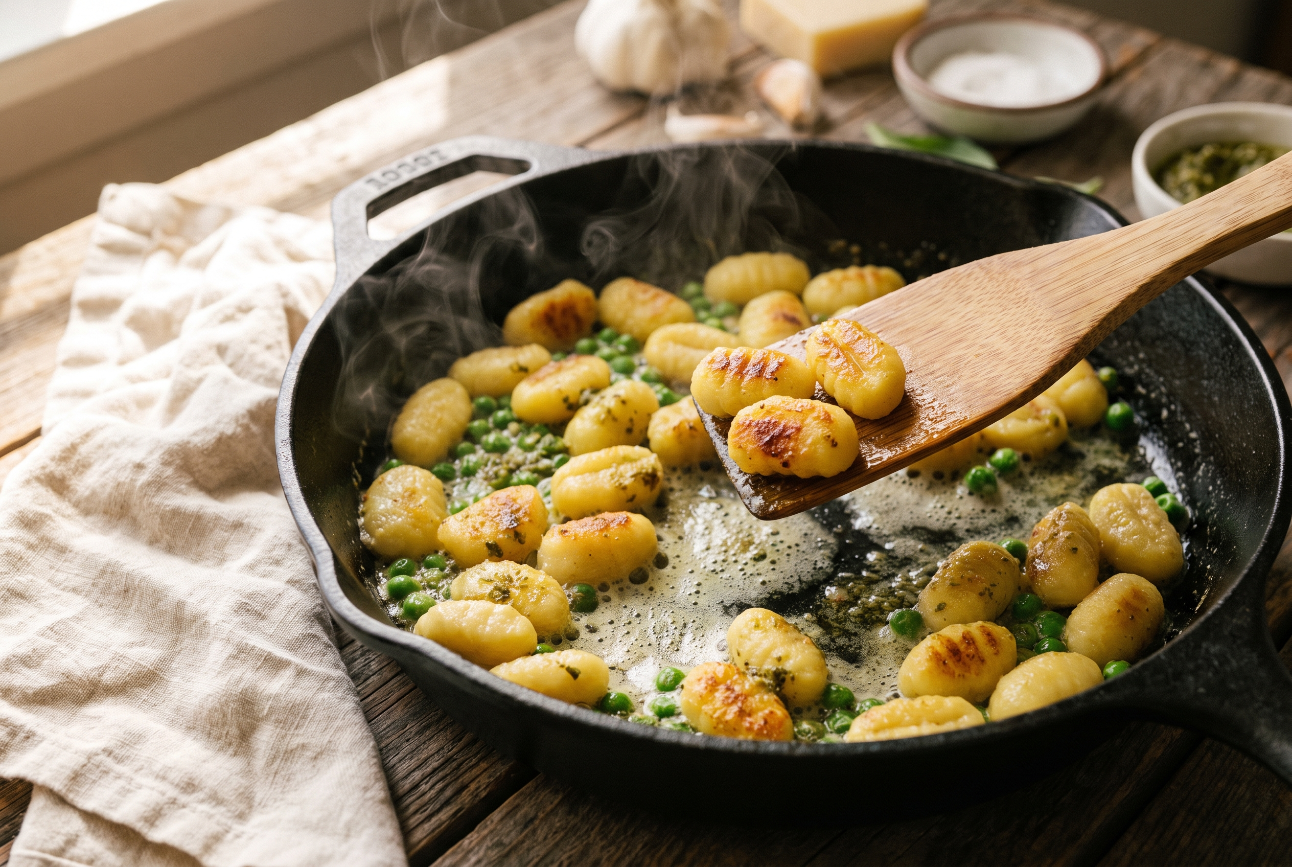 Cottage cheese gnocchi pan-searing golden in butter with green peas and basil pesto in a skillet