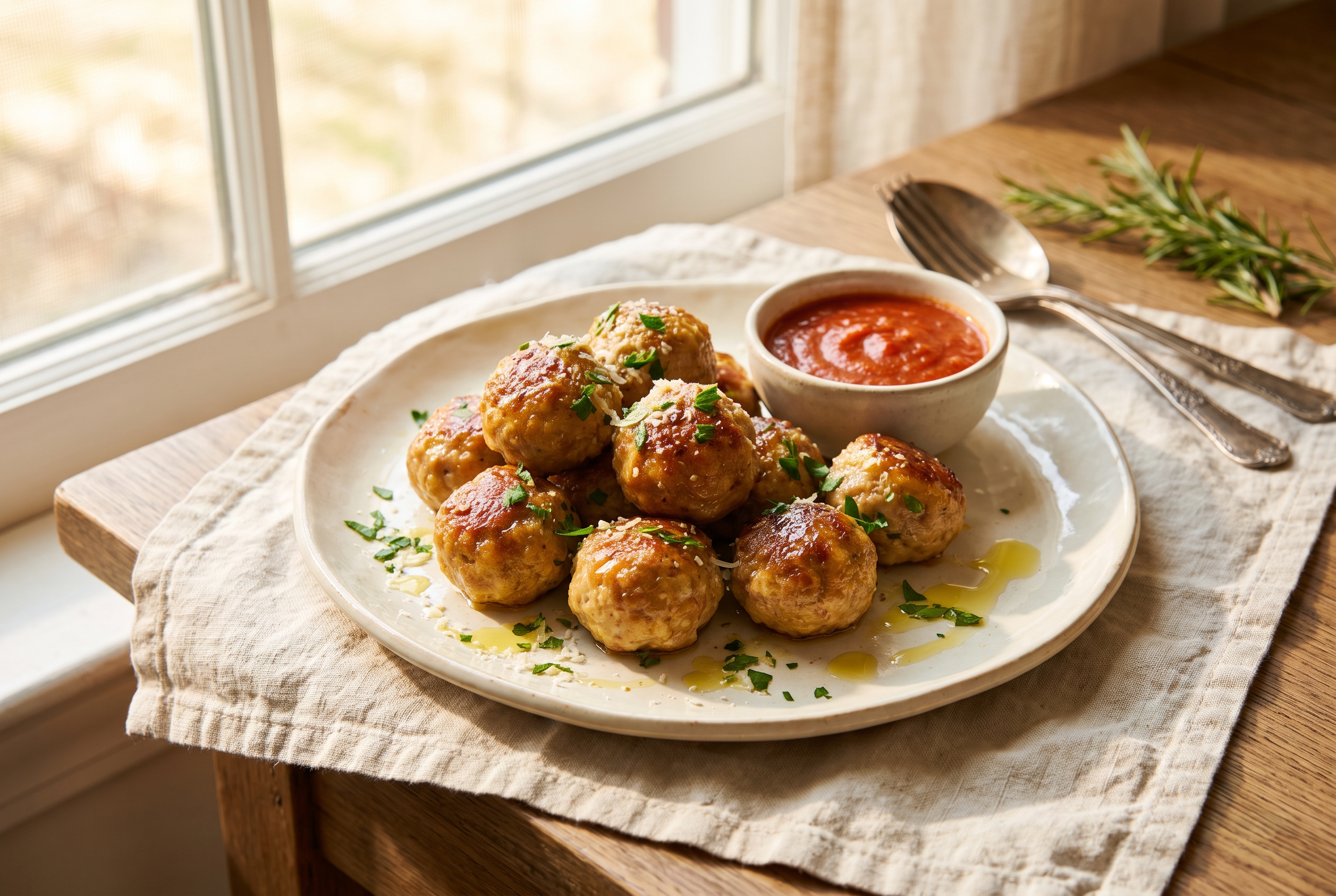 A bowl of air fryer turkey meatballs in marinara over pasta, topped with grated parmesan and parsley, with a side of garlic bread