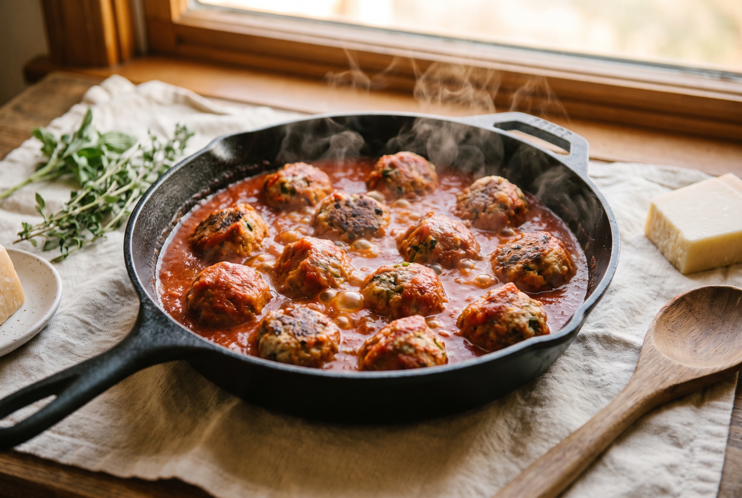 Finished golden turkey meatballs simmering in a skillet of marinara sauce