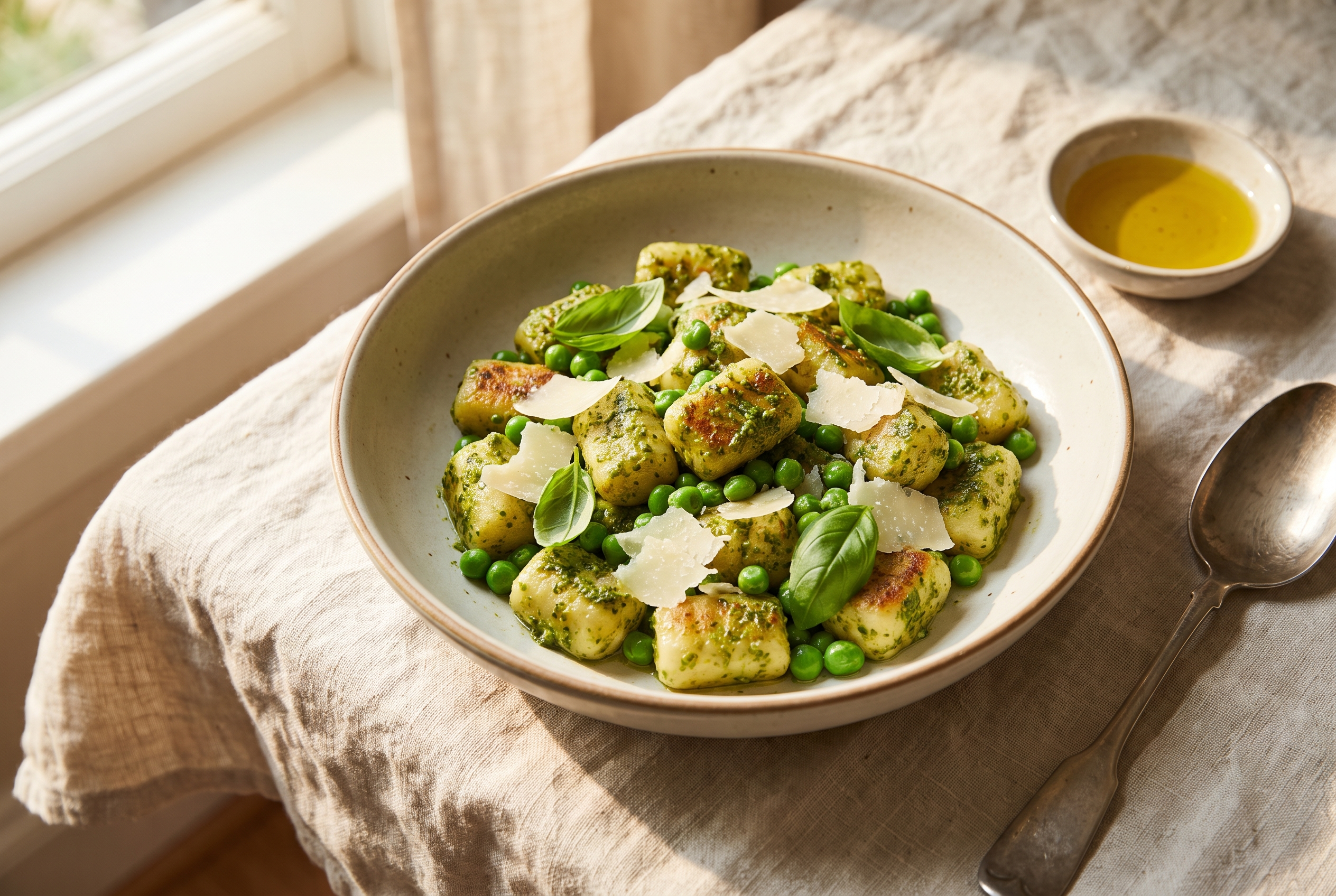 Cottage cheese gnocchi pan-seared golden and tossed in basil pesto with green peas and shaved parmesan in a shallow bowl