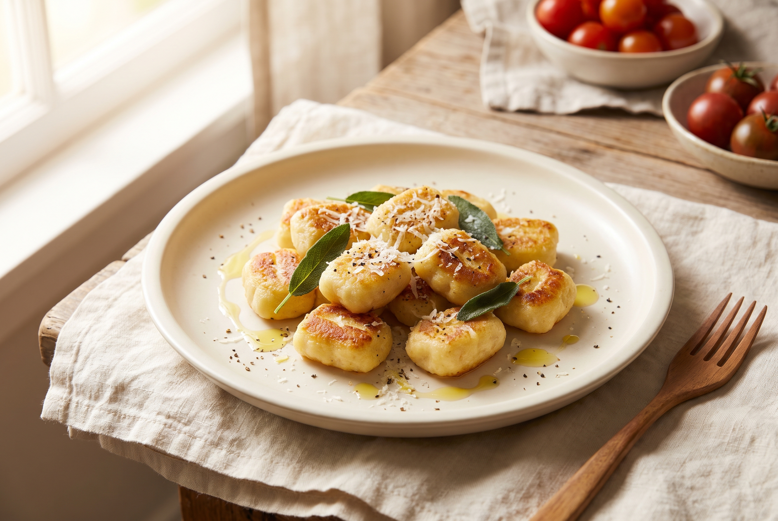 A shallow bowl of golden pan-seared cottage cheese gnocchi tossed in bright green pesto with peas, shaved parmesan and a lemon wedge