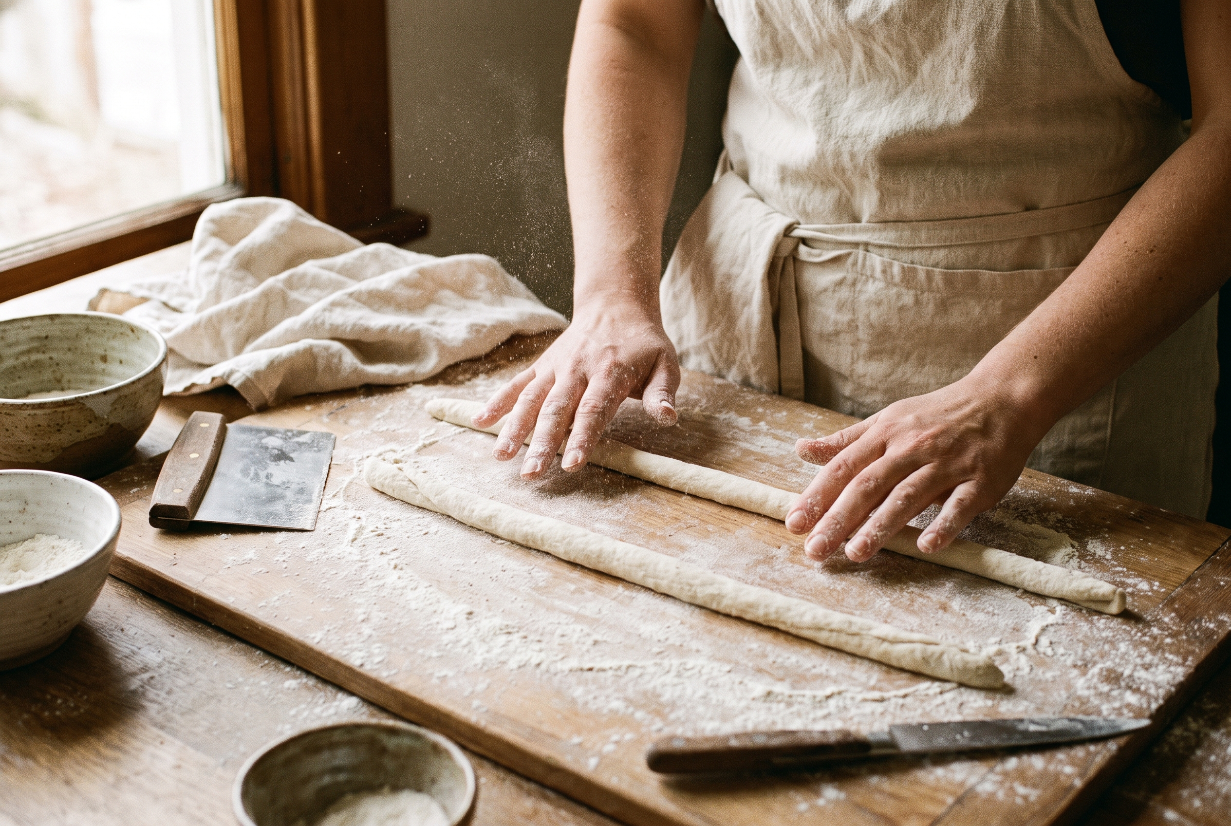 Soft gnocchi dough being rolled into long ropes on a floured wooden board