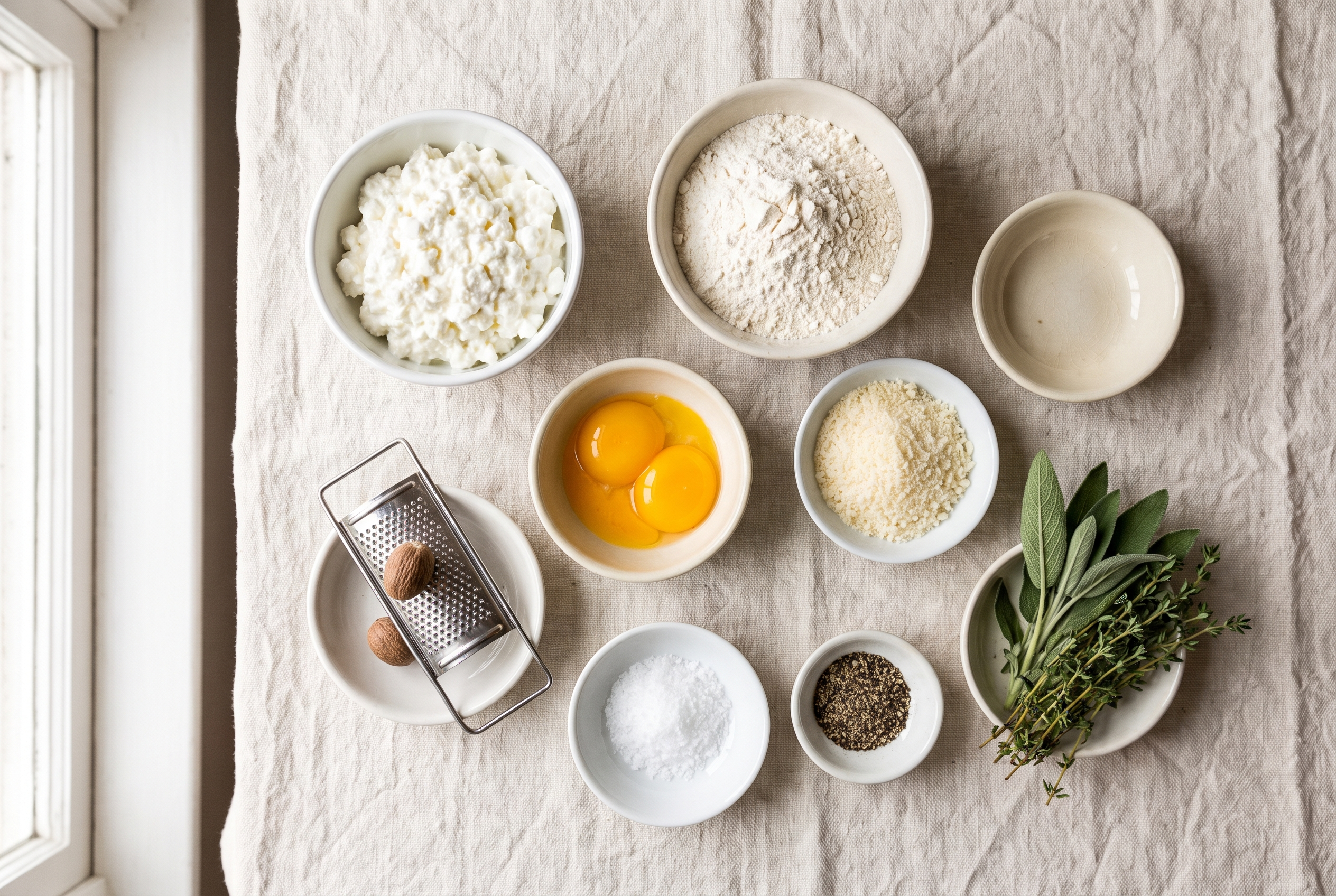 Ingredients for high protein gnocchi in small bowls: full-fat cottage cheese, two egg yolks, grated parmesan, all-purpose flour, butter, frozen peas, basil pesto and a lemon