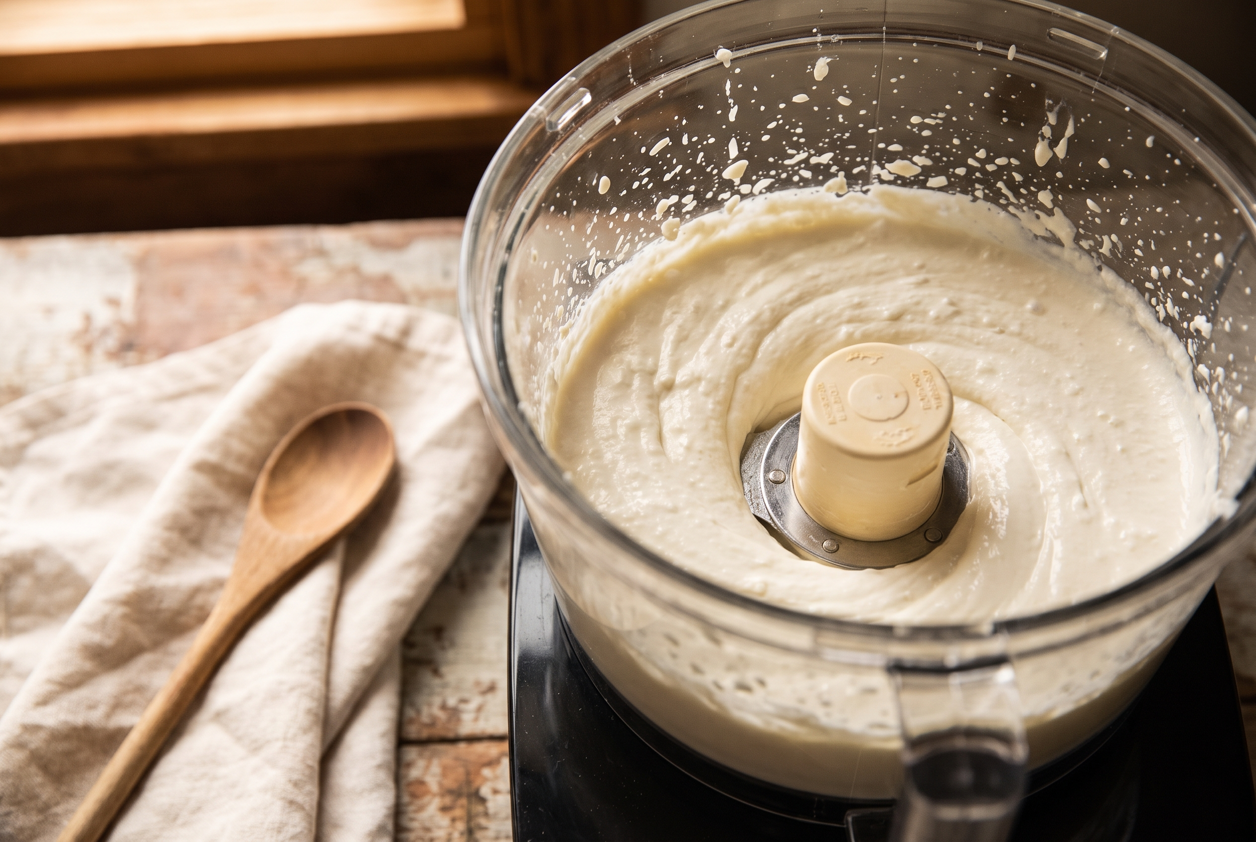 Cottage cheese being blended smooth in a food processor