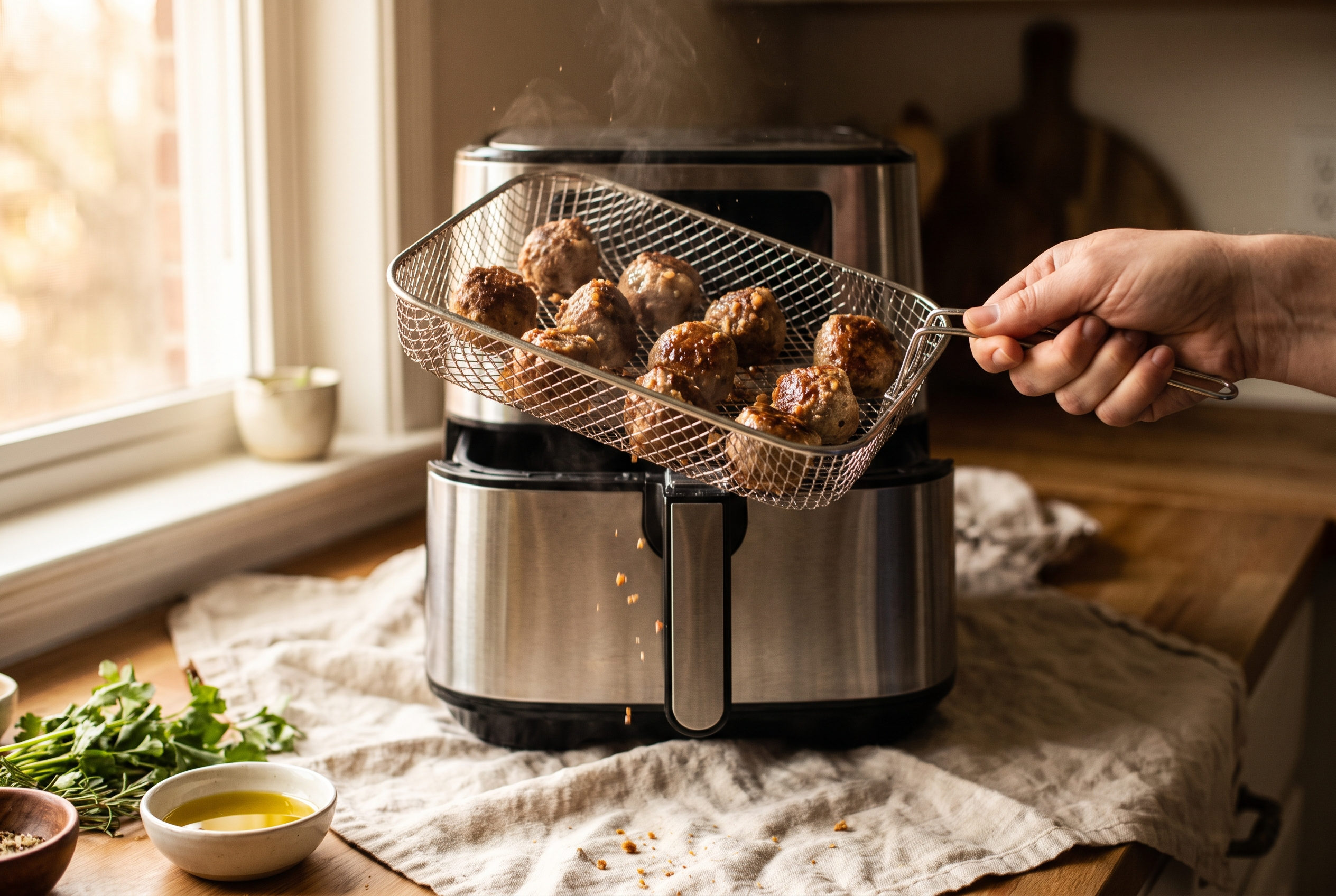 An air fryer basket being shaken halfway through cooking, turkey meatballs browning golden