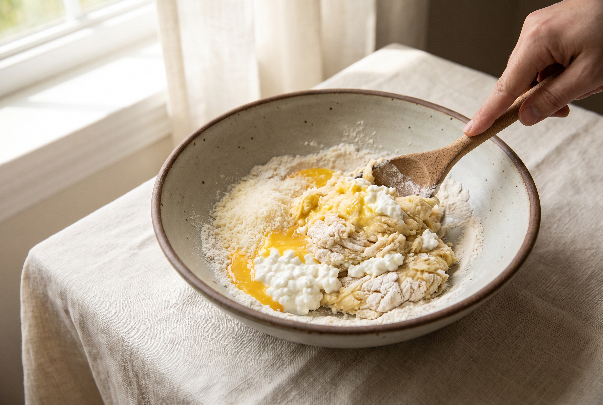 Blended cottage cheese, egg yolk, parmesan and flour coming together into a soft dough in a bowl