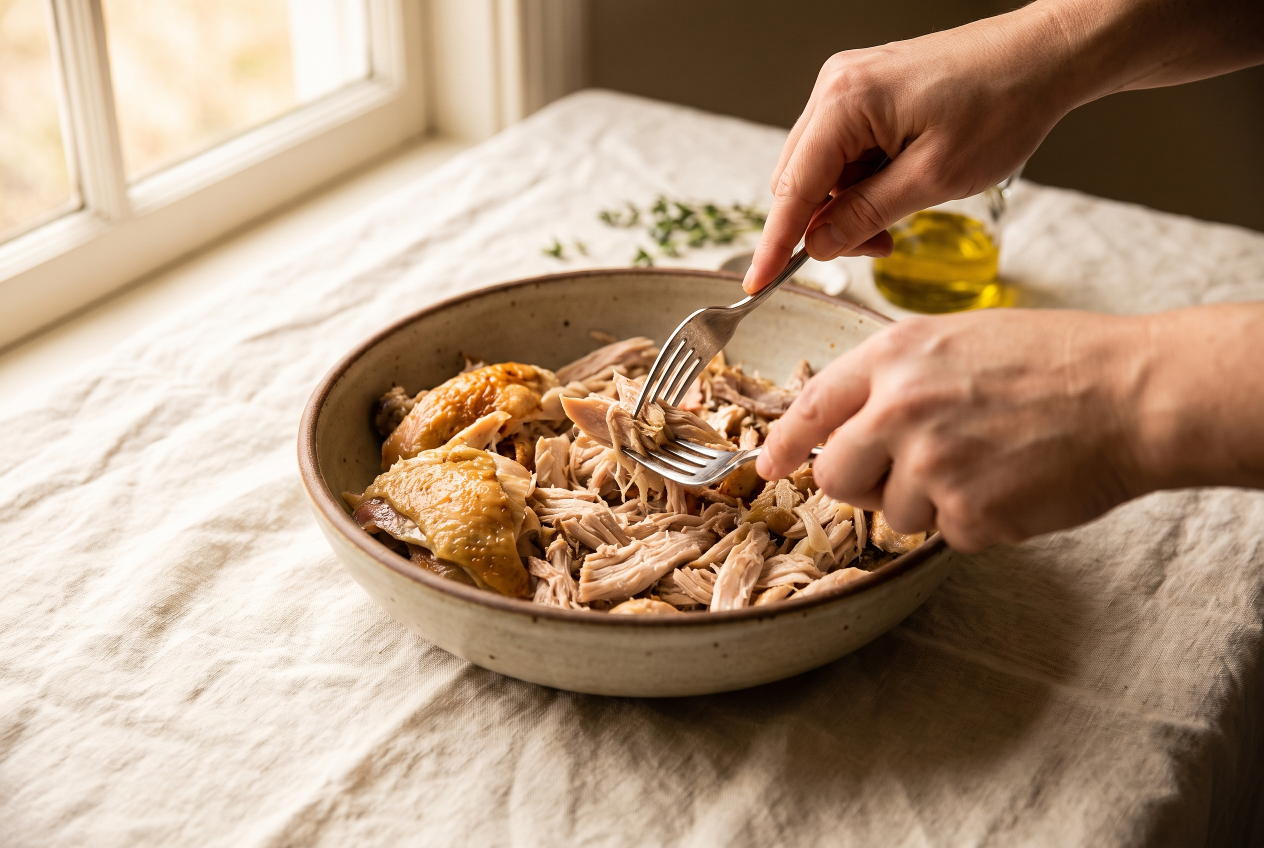 Shredded rotisserie chicken in a large white mixing bowl ready for chicken salad