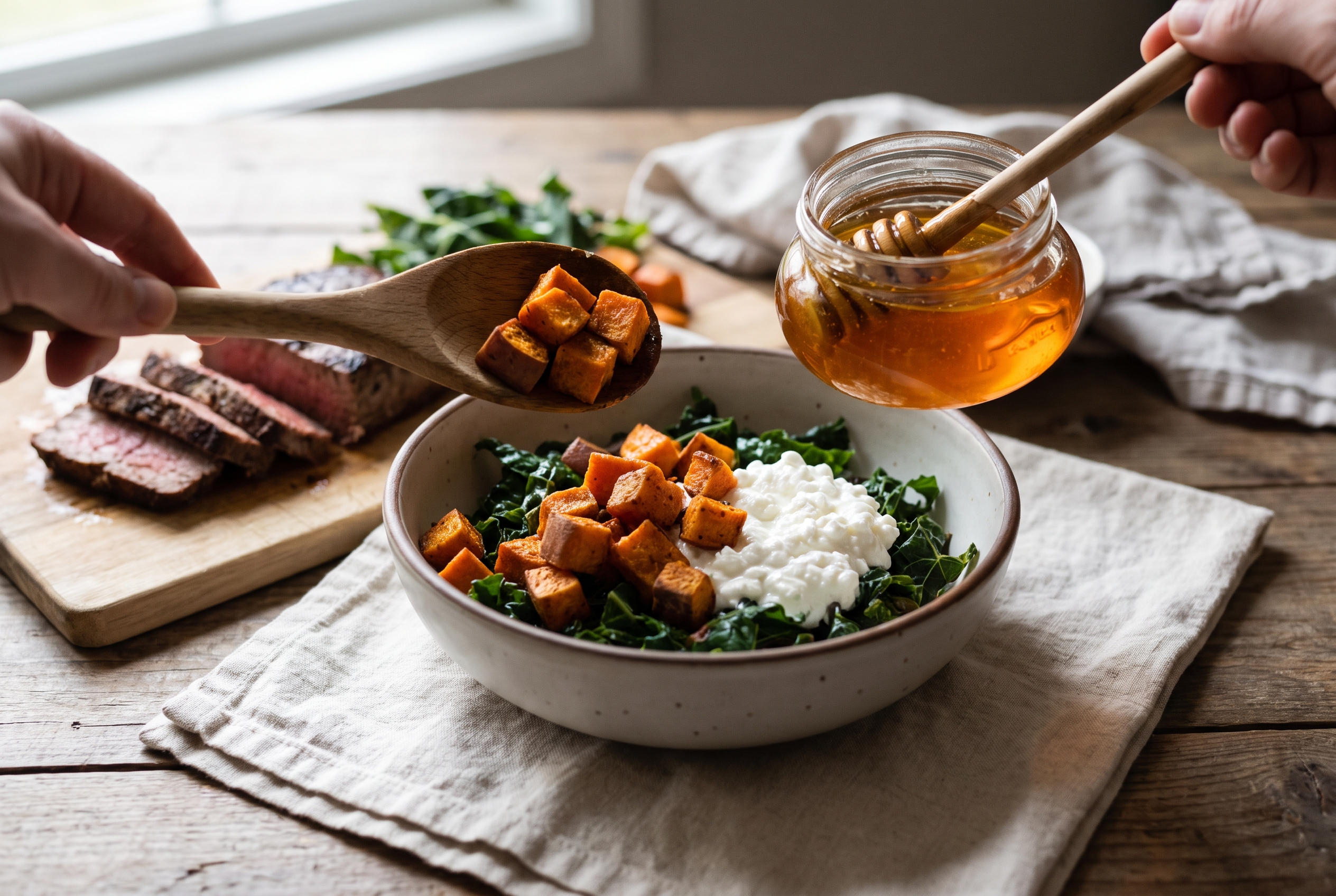 Assembling a hot honey beef and sweet potato bowl with greens, roasted sweet potato, seasoned beef, whipped cottage cheese and a hot honey drizzle