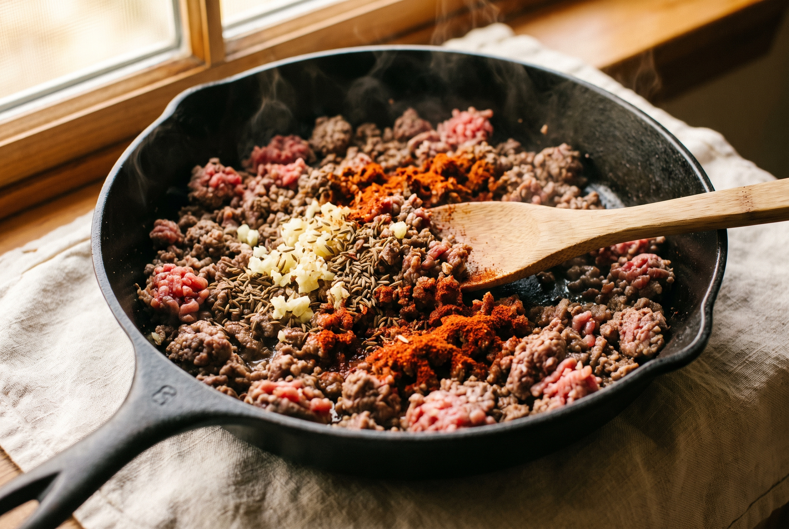 Lean ground beef browning in a skillet with minced garlic, cumin and chili powder, broken into crumbles with a wooden spoon