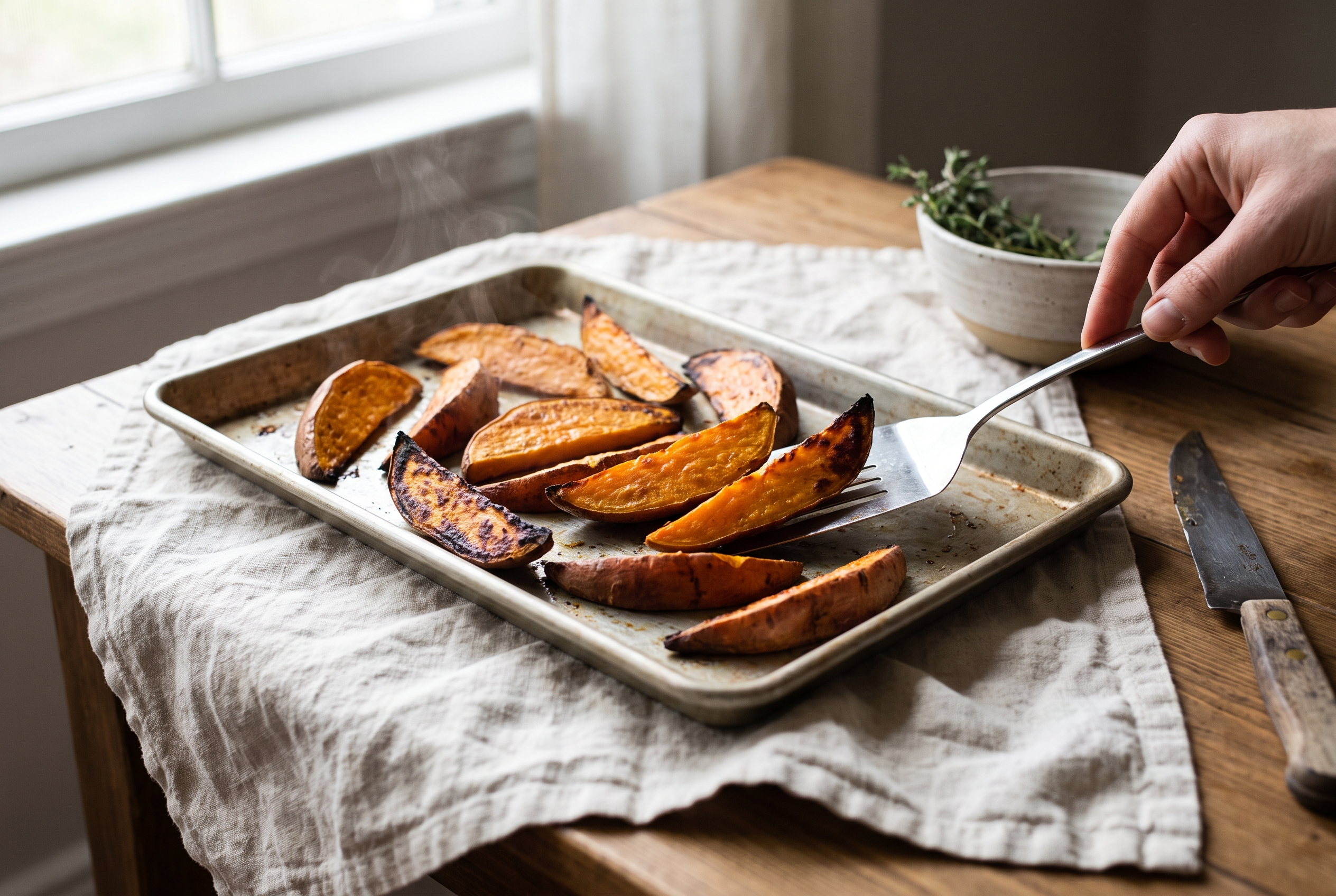 Roasted sweet potato cubes on a sheet pan straight out of the oven, caramelized and browned at the edges