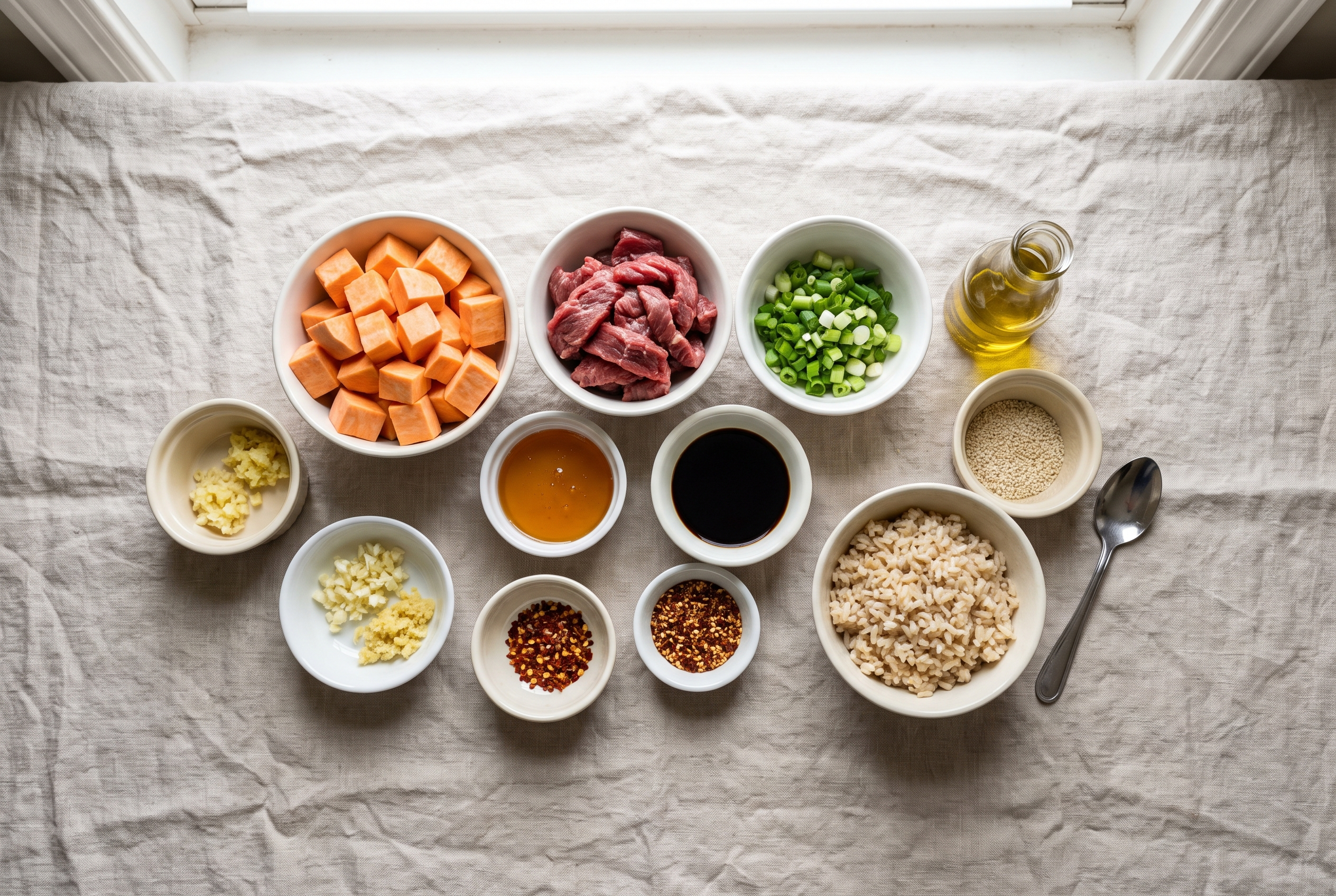 Ingredients for sweet potato beef bowls in small bowls: cubed sweet potatoes, lean ground beef, garlic, cumin, chili powder, smoked paprika, cottage cheese, lemon, honey, red pepper flakes, apple cider vinegar and baby greens
