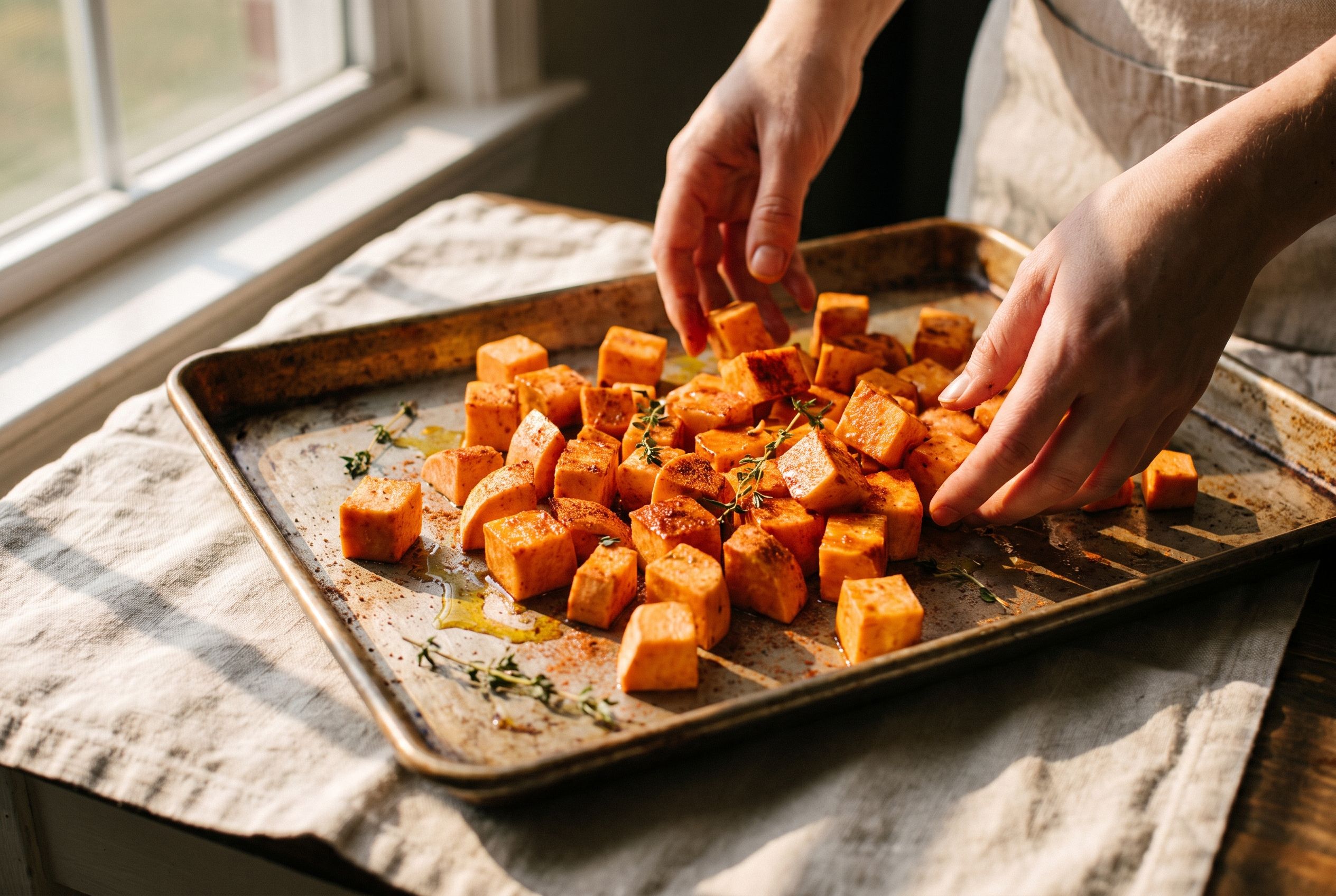 Cubed sweet potatoes tossed with olive oil and smoked paprika spread in a single layer on a sheet pan