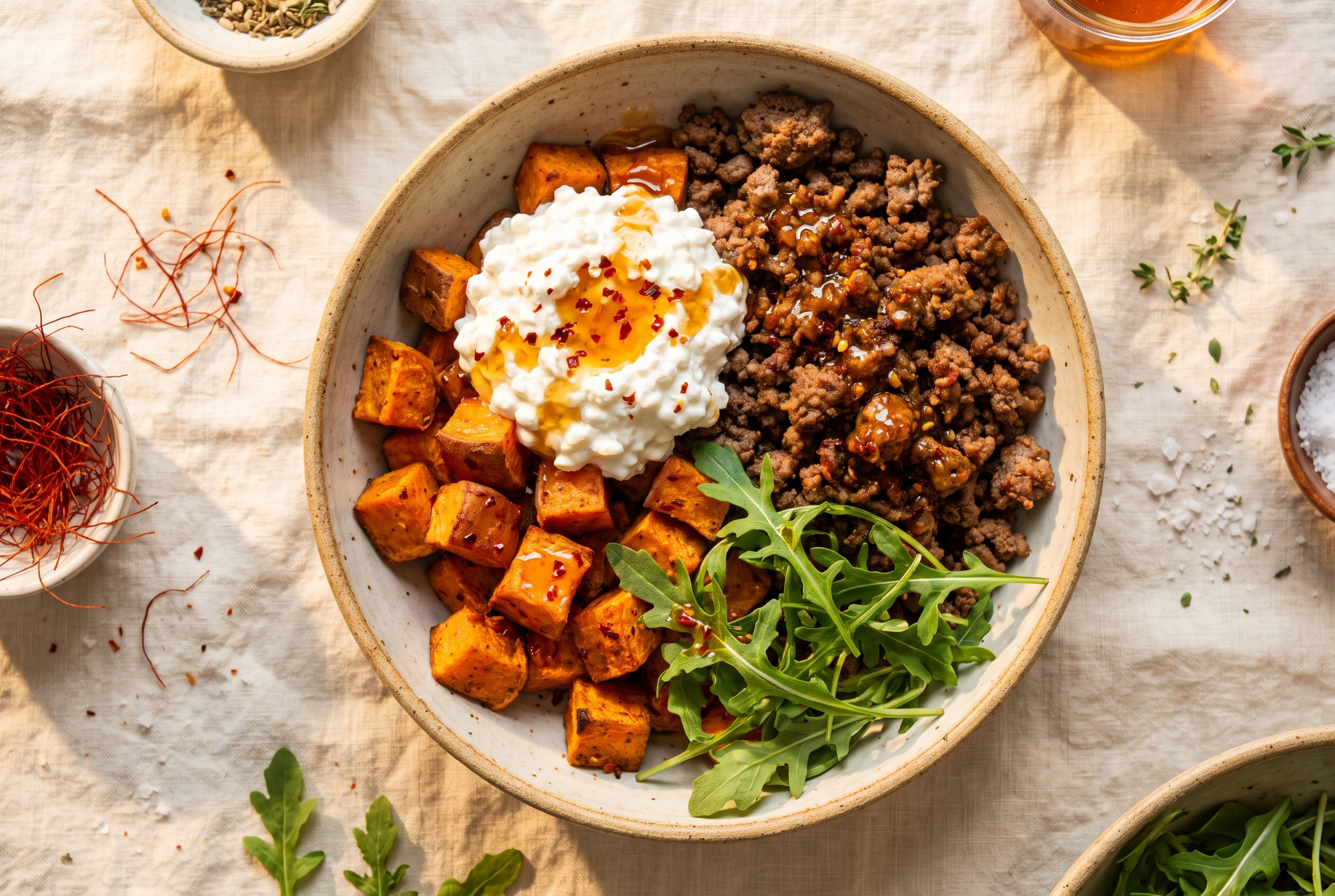 Hot honey beef and sweet potato bowl with roasted sweet potato cubes, seasoned ground beef, a scoop of whipped cottage cheese and a glossy hot honey drizzle over fresh greens