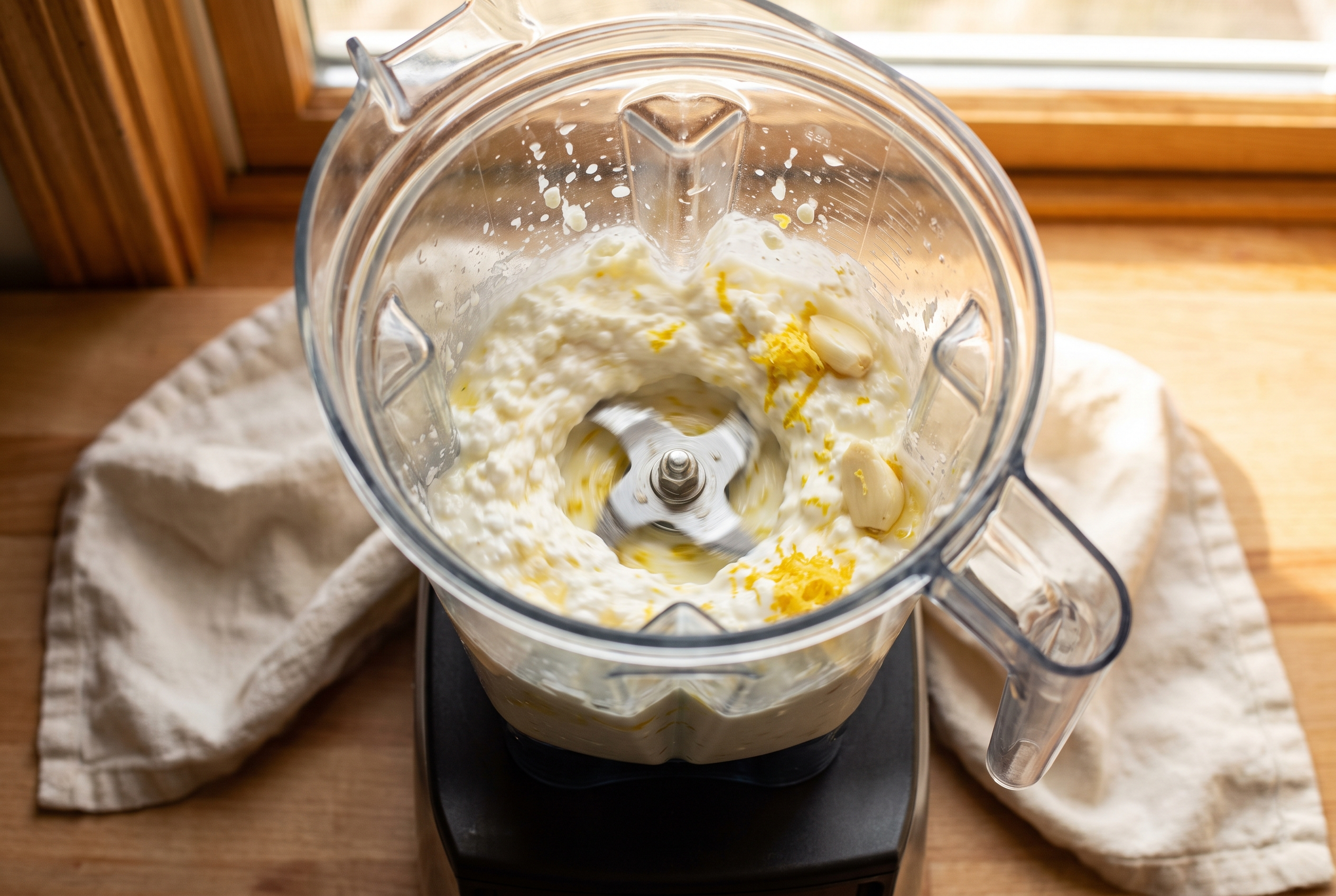 Cottage cheese being whipped smooth with lemon juice and garlic in a blender into a thick creamy sauce