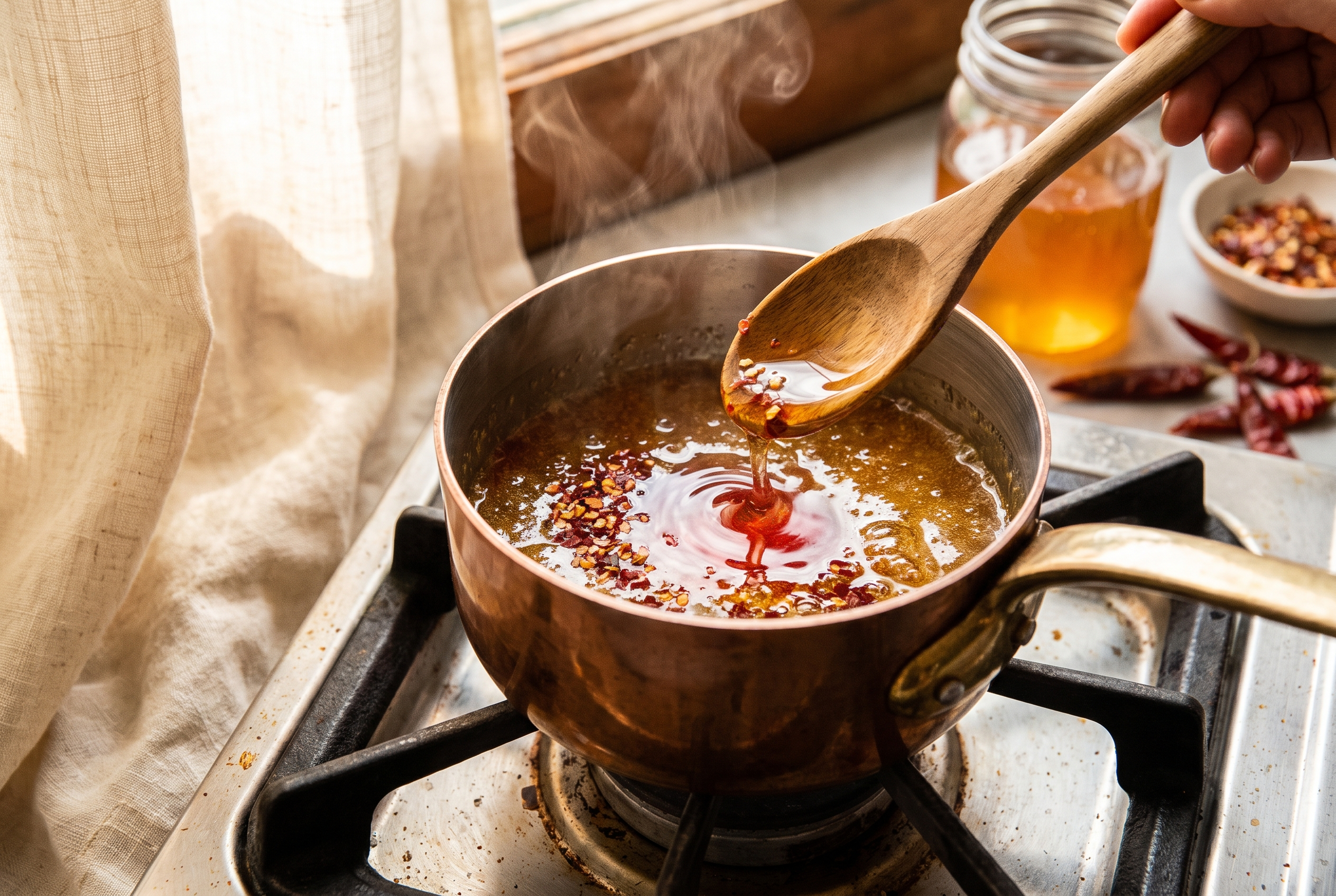 Honey warming with red pepper flakes and a splash of vinegar in a small saucepan to make homemade hot honey
