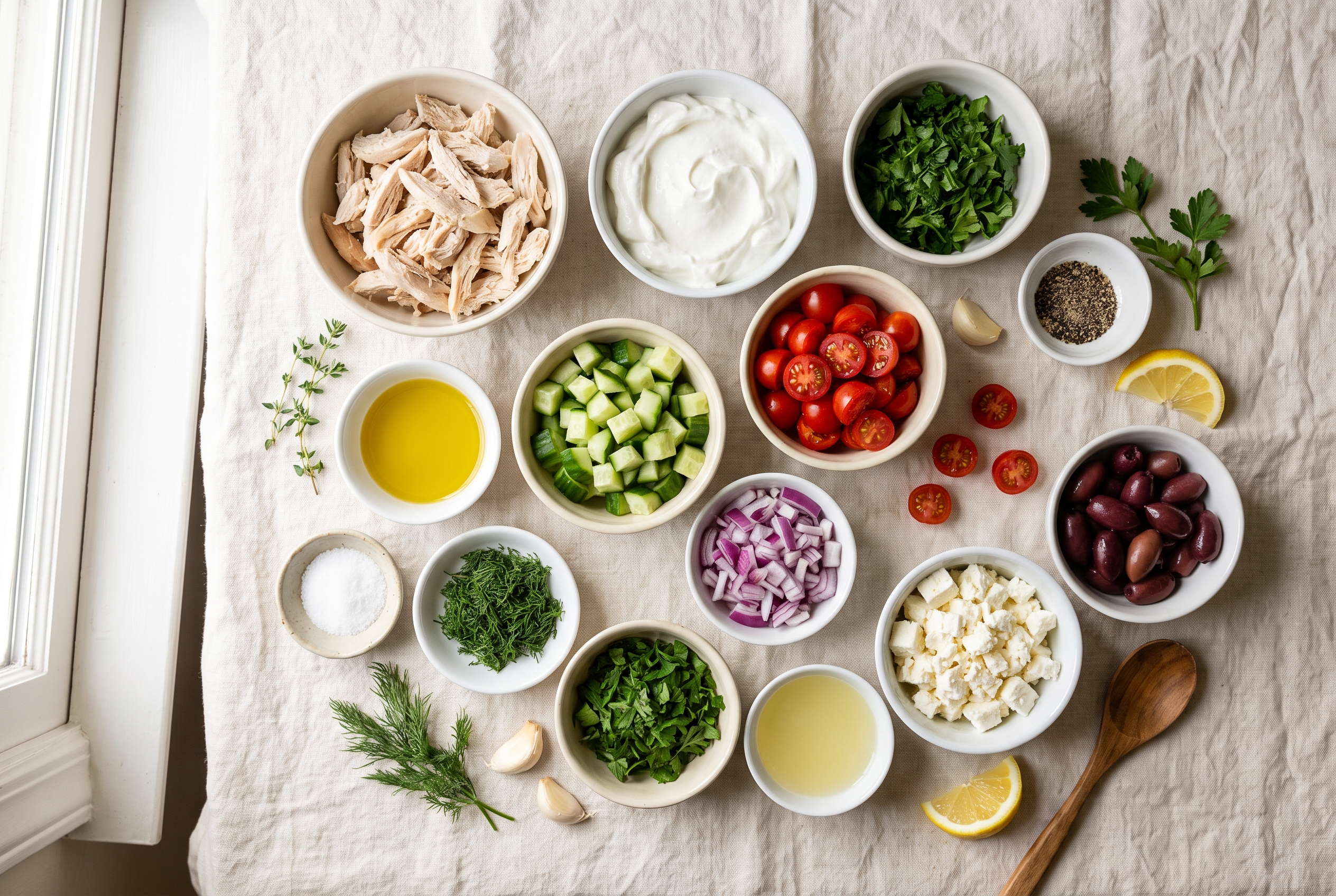 Ingredients for chicken salad without mayo in small bowls: shredded rotisserie chicken, celery, red onion, red grapes, plain Greek yogurt, Dijon mustard, lemon, honey, fresh dill and sliced almonds