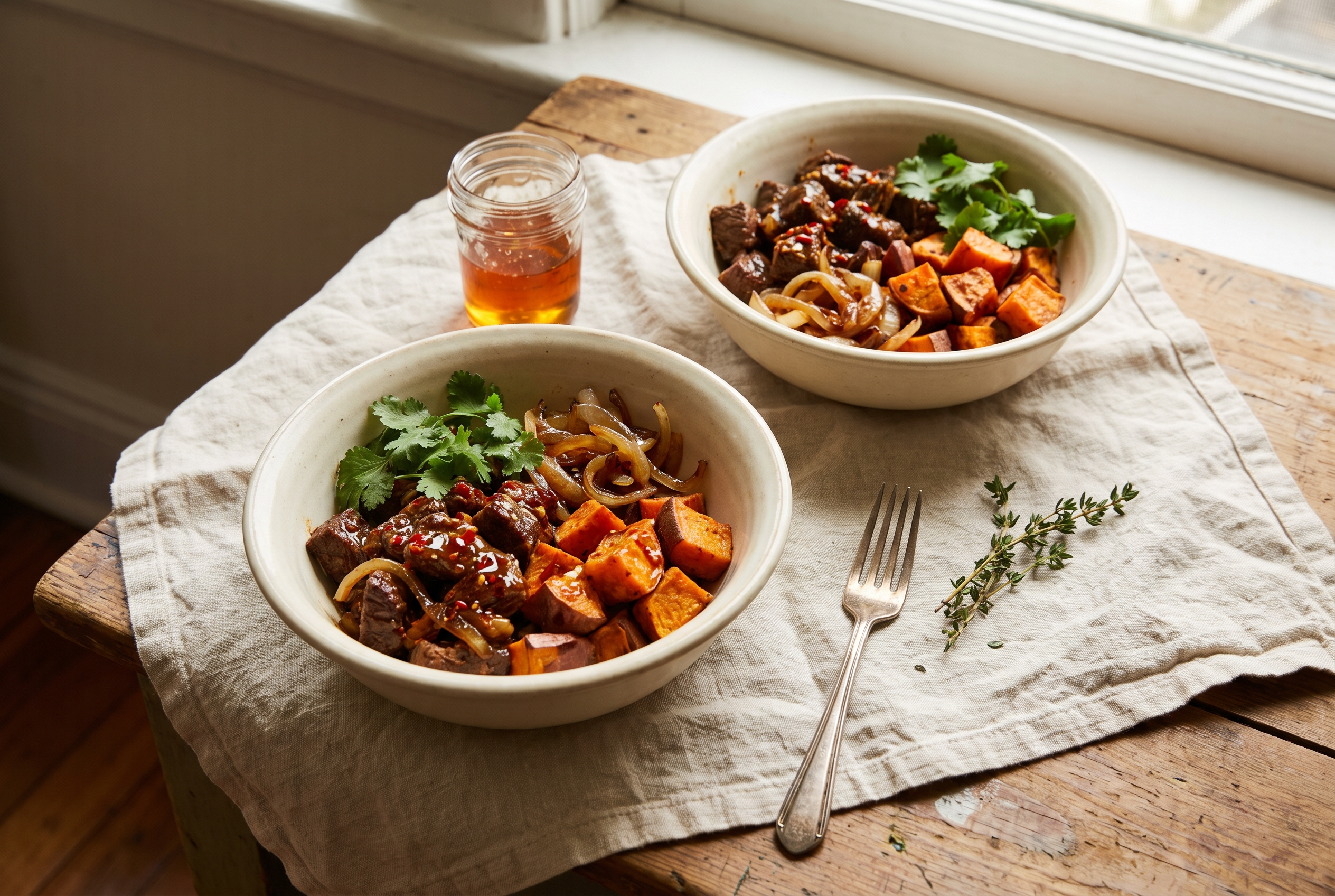 A finished hot honey ground beef bowl with caramelized sweet potatoes, spiced beef, whipped cottage cheese and greens, drizzled with hot honey and red pepper flakes, next to a lemon wedge
