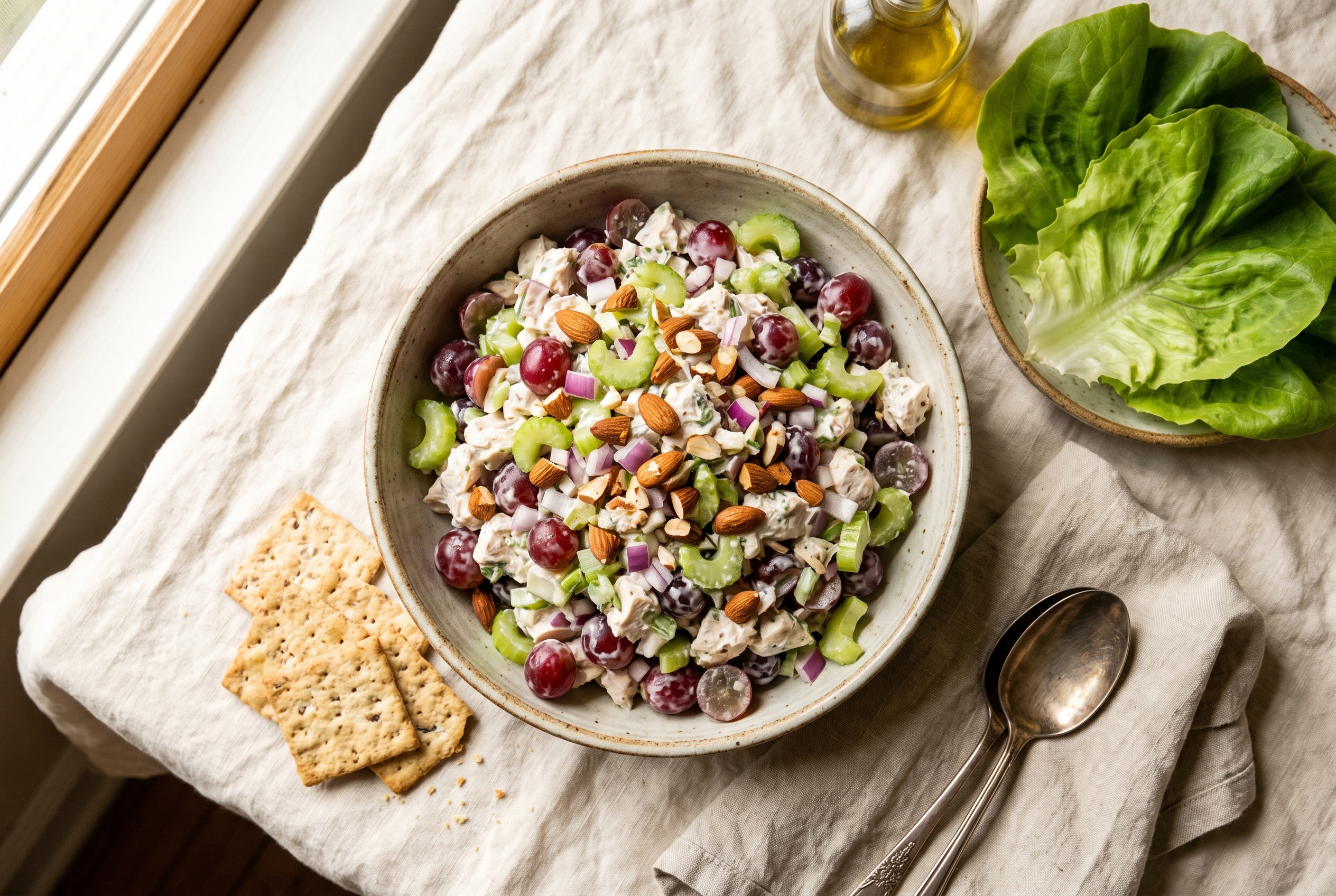 Greek yogurt chicken salad piled in a bowl with halved red grapes, diced celery, red onion and toasted sliced almonds, with crisp lettuce cups and crackers alongside