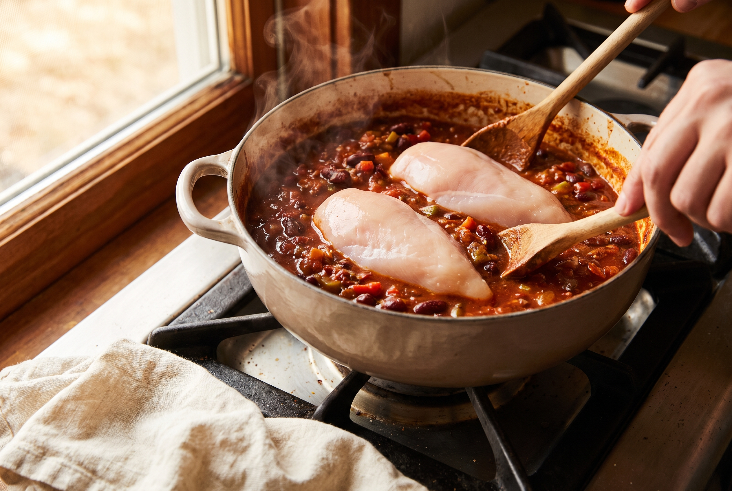 Raw chicken breasts nestled into a simmering pot of sweet potato chili