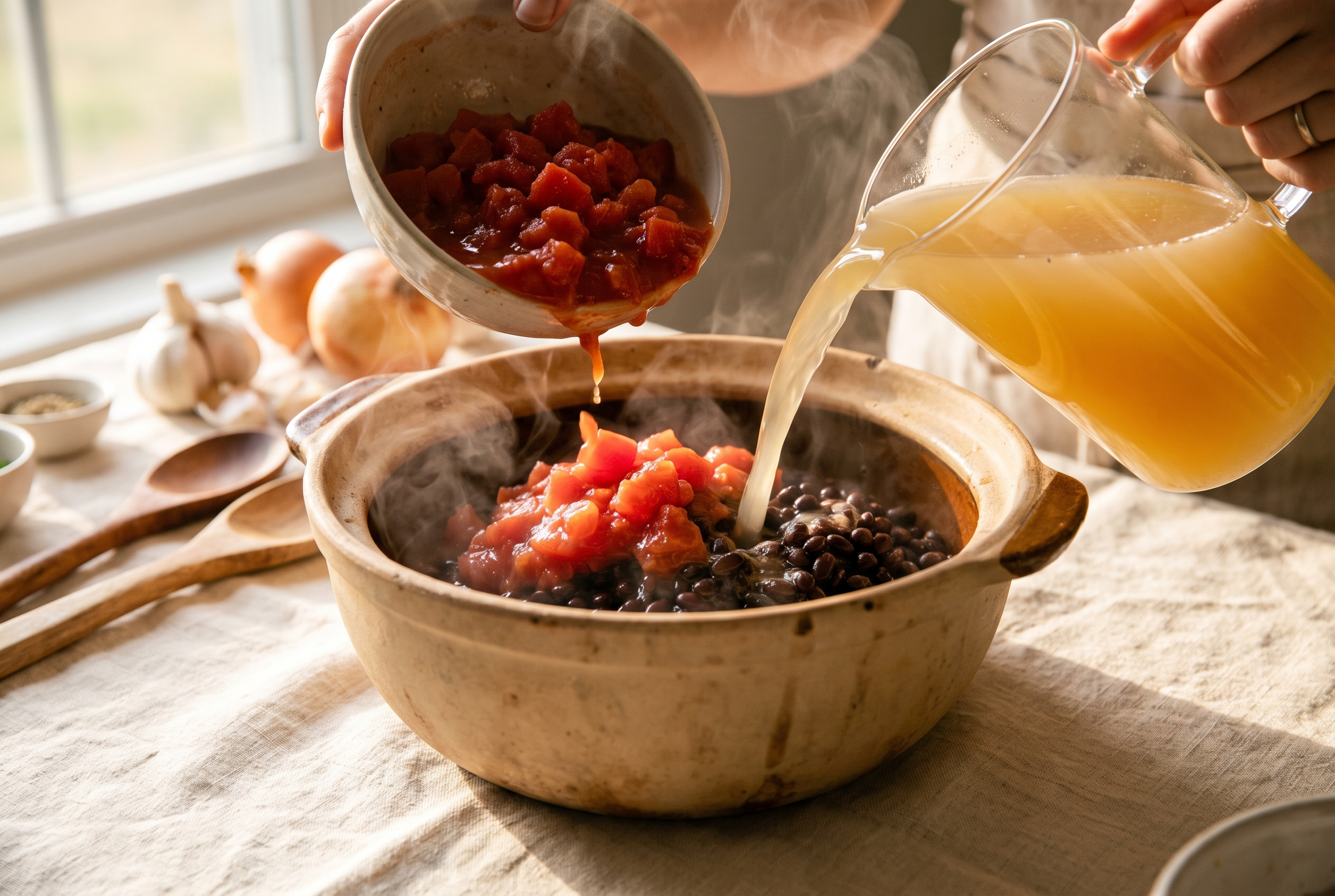 Diced tomatoes, chicken broth and black beans being poured into the pot of chili