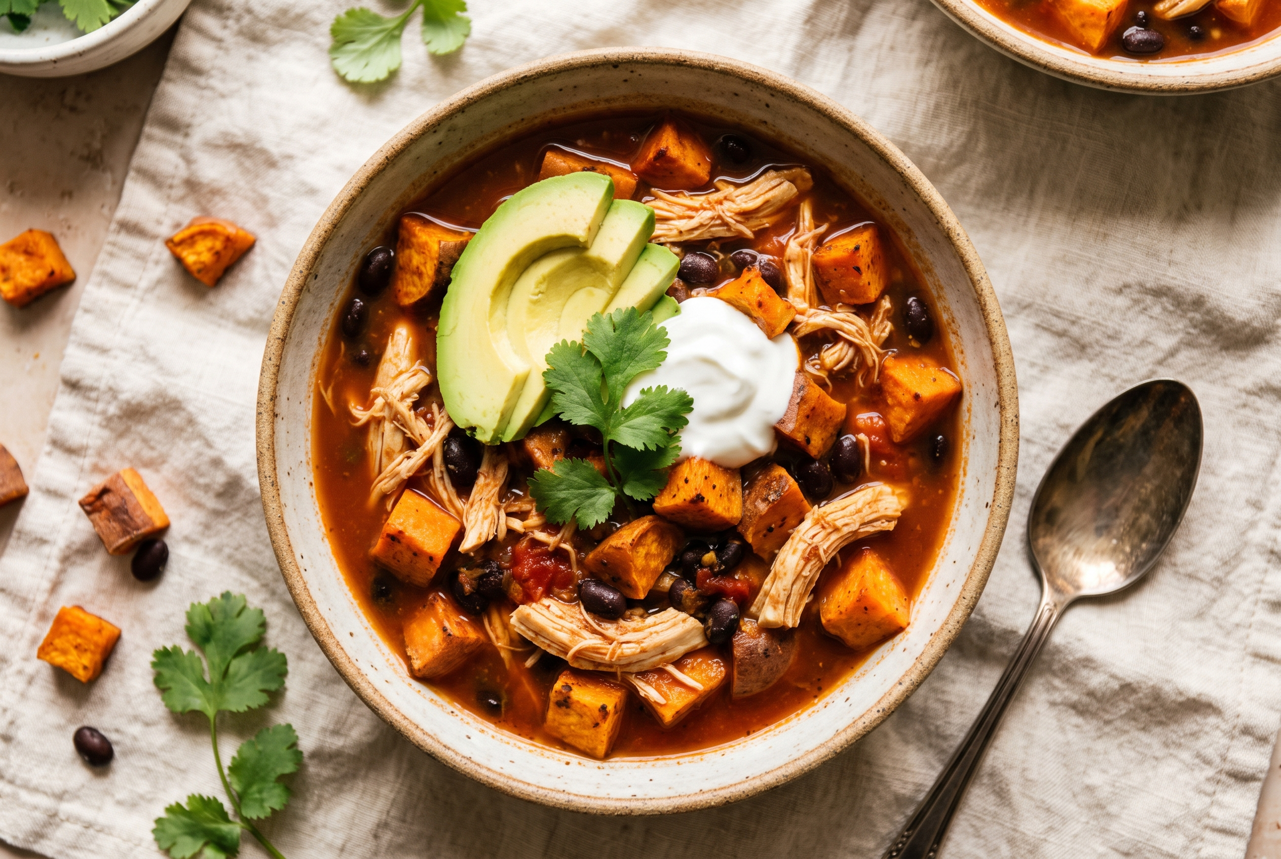 A bowl of sweet potato chicken chili with shredded chicken, sweet potato cubes and black beans in a smoky tomato broth, topped with avocado, Greek yogurt and cilantro