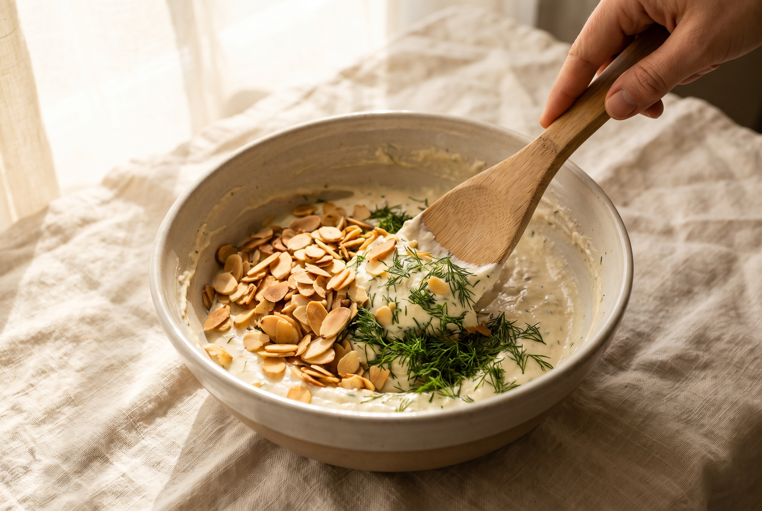 Toasted sliced almonds and fresh dill being folded into Greek yogurt chicken salad with a spatula