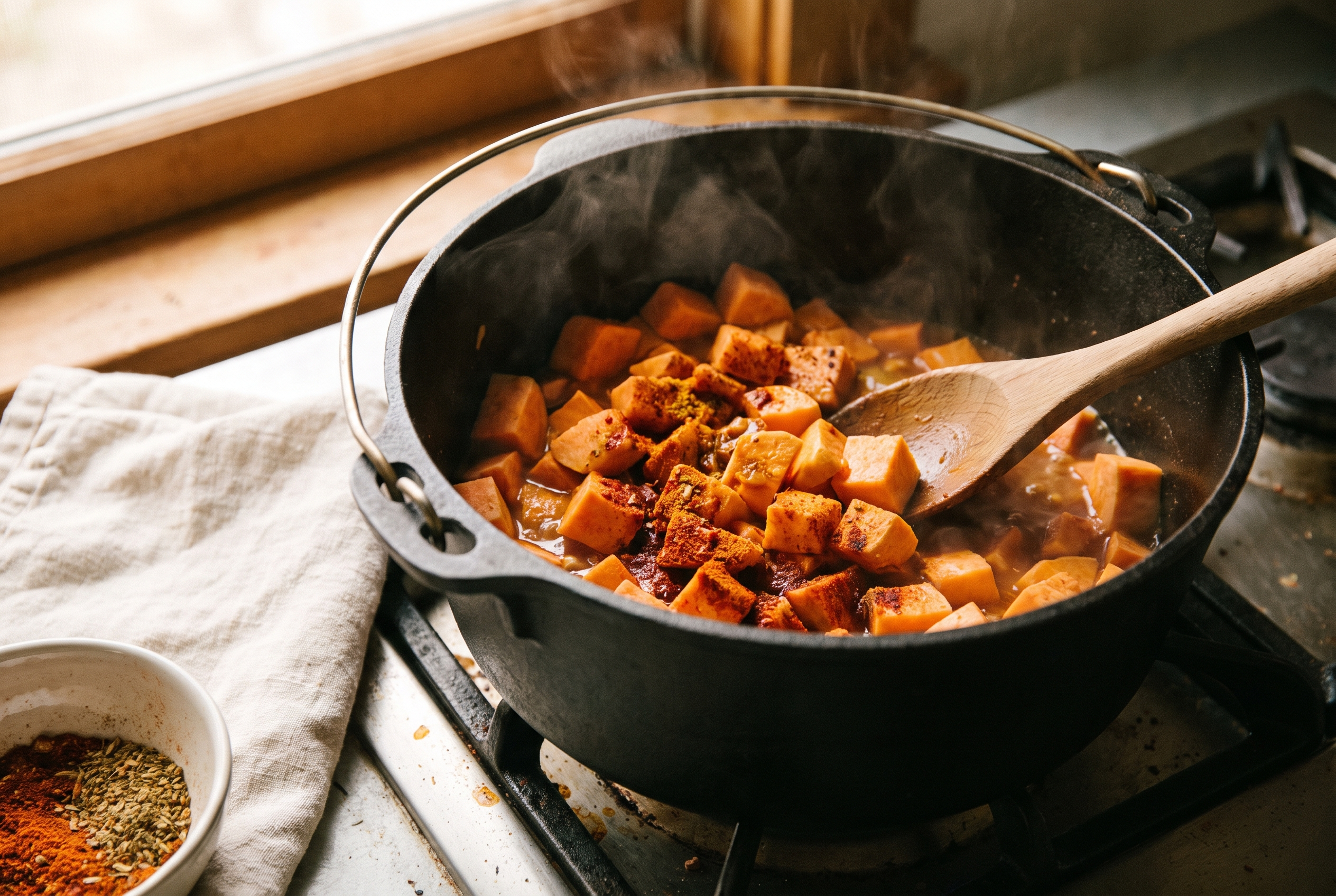 Sweet potato cubes being stirred with chili powder, cumin and smoked paprika in a Dutch oven