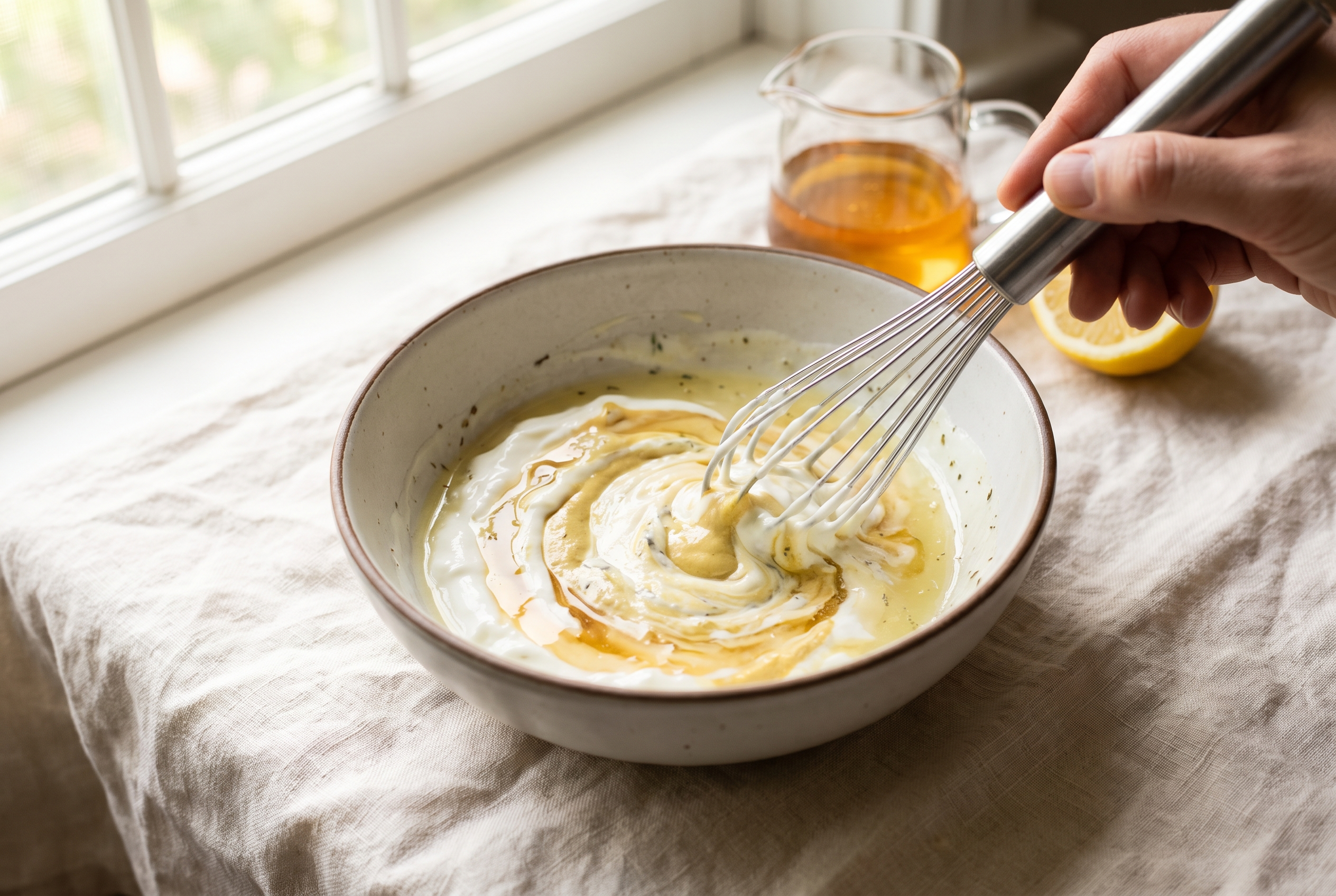 Greek yogurt, Dijon mustard, lemon juice and honey being whisked together into a creamy dressing in a small bowl