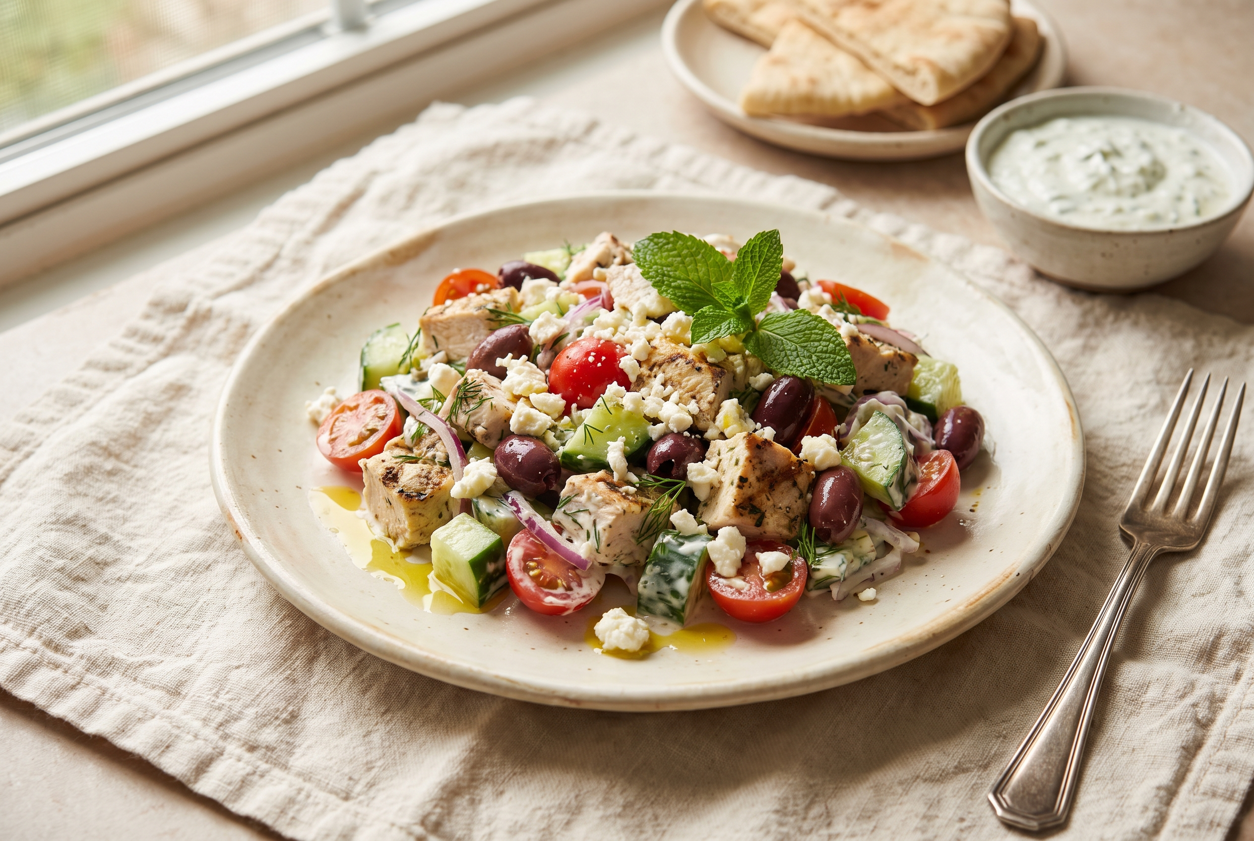 A plate of healthy chicken salad with grapes in butter lettuce cups, topped with dill and almonds, with whole-grain crackers and lemon wedges on the side